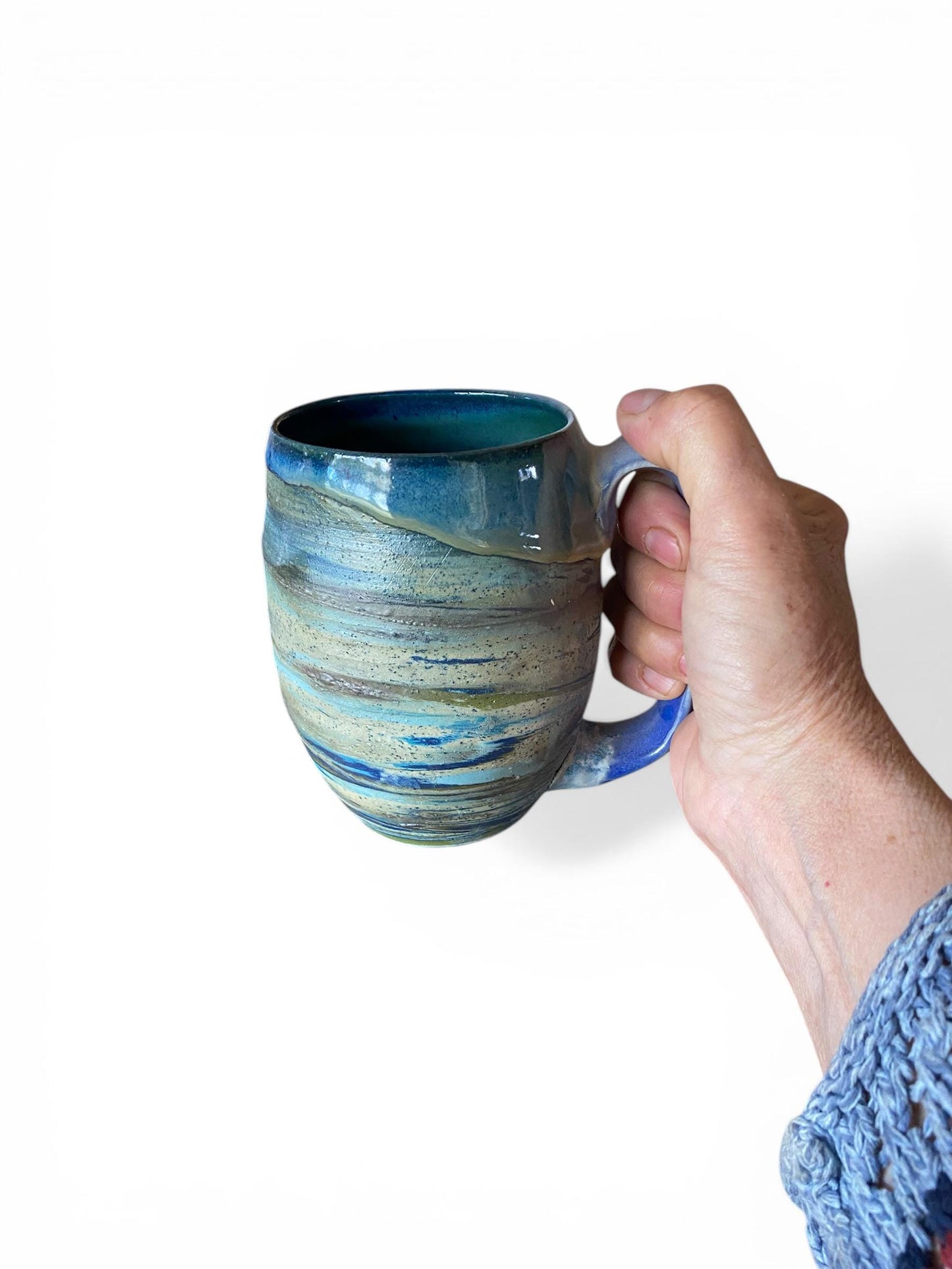 Handmade Agateware Coffee Mug Glazed in Soft Blues - 20-Ounce Pottery Tea Mug