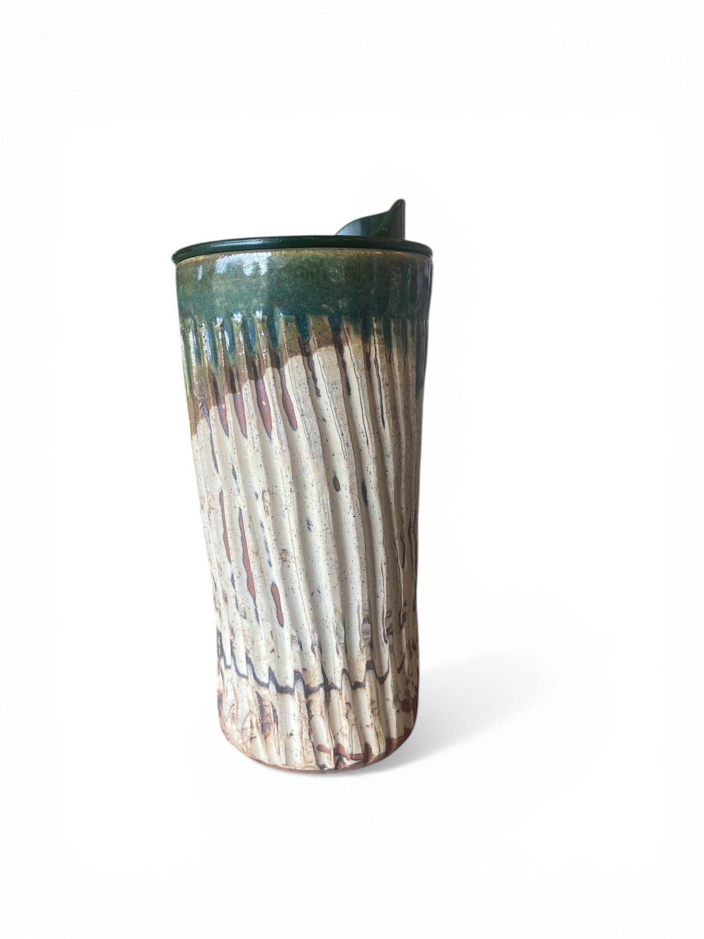 Handmade Agateware 16 OunceTravel Mug - Carved Pottery Coffee Cup, Hand Thrown Commuter Tumbler (AG-6)