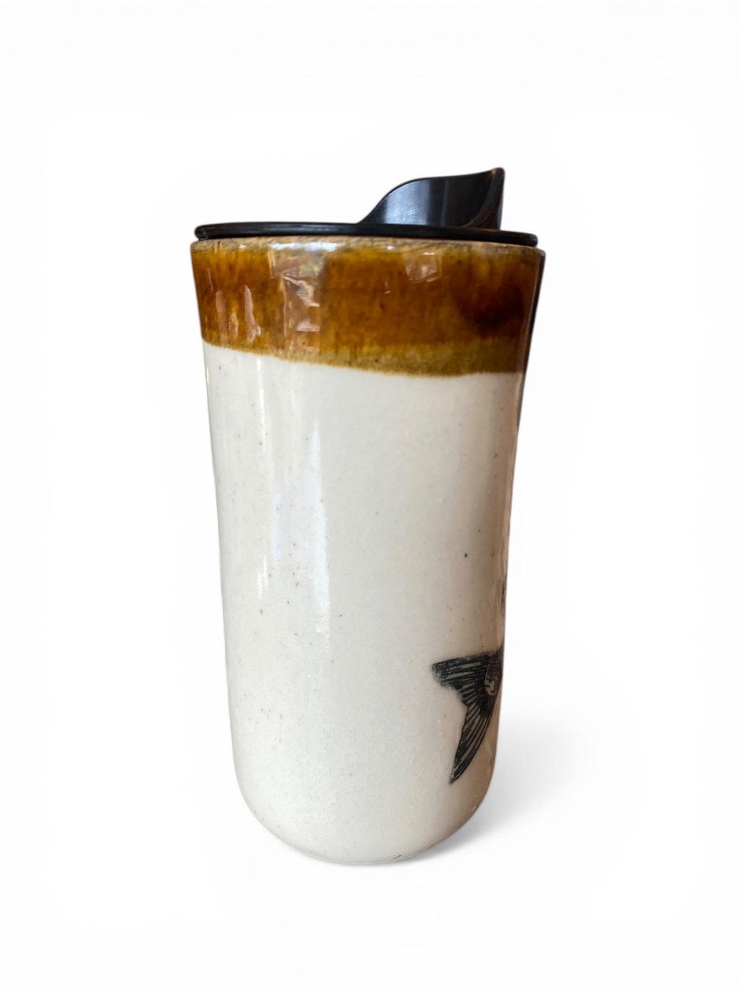 Artisanal Bass Chasing Lure Porcelain Travel Mug: 16oz Handmade Stoneware Coffee Cup for Fishing Enthusiasts
