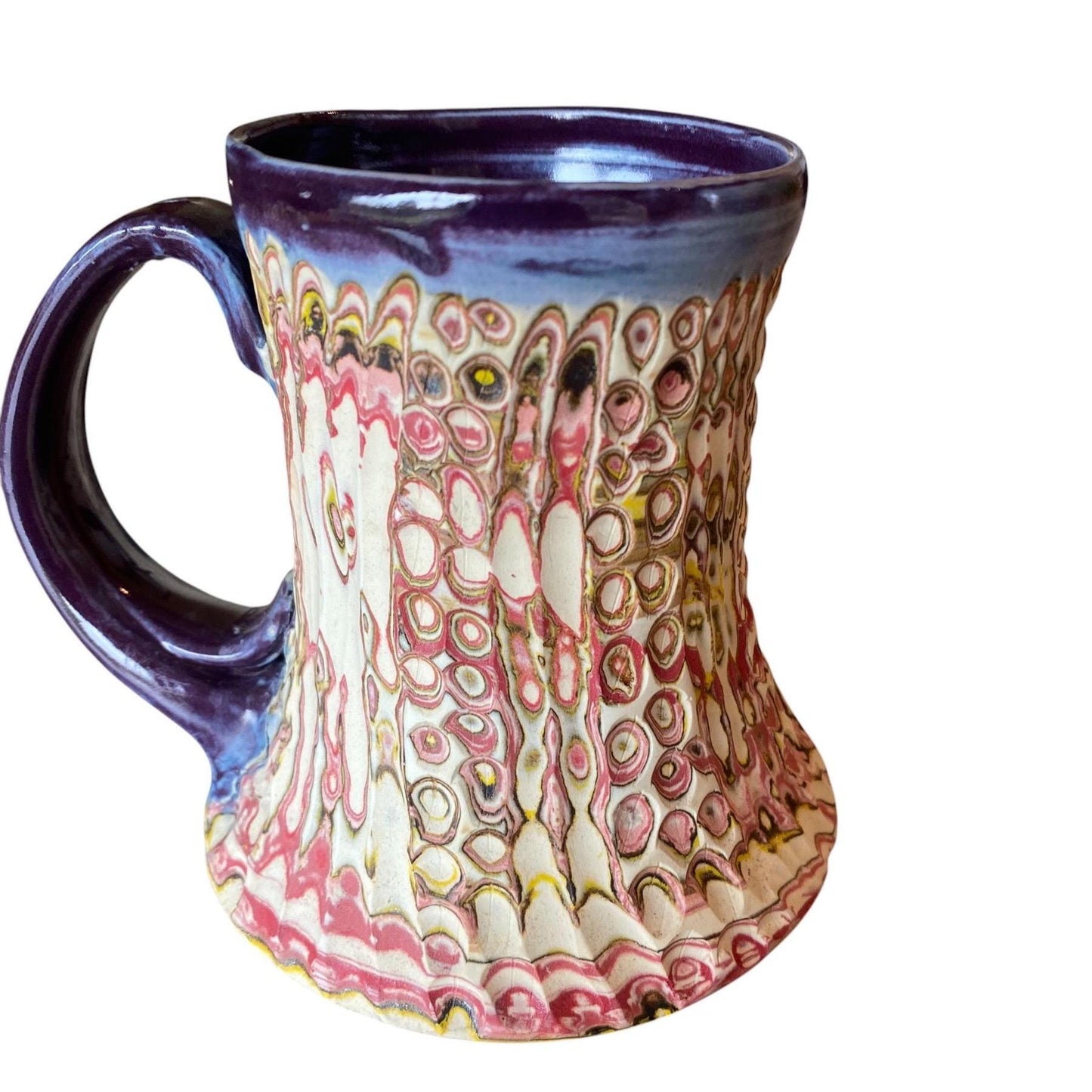 Artisanal Fluted 16 Ounce Porcelain Mug: Neriage Swirled Clays, Hand-Carved Satin-Smooth Pottery (D-39)