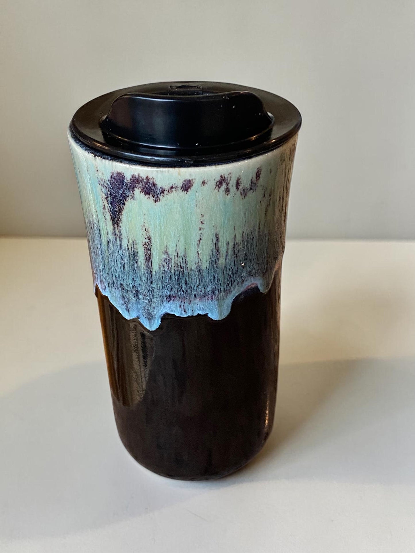 Artisan 16 oz Reactive Turquoise & Black Porcelain Travel Mug | Handmade Ceramic Coffee Cup for Commuters