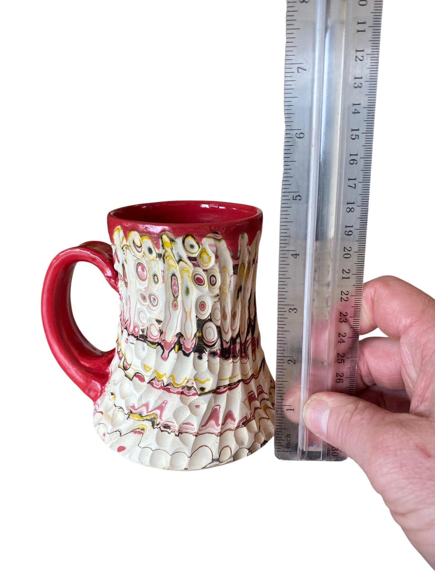 Artisanal Fluted 12 Ounce Porcelain Mug: Neriage Swirled Clays, Hand-Carved Satin-Smooth Pottery (D-24)