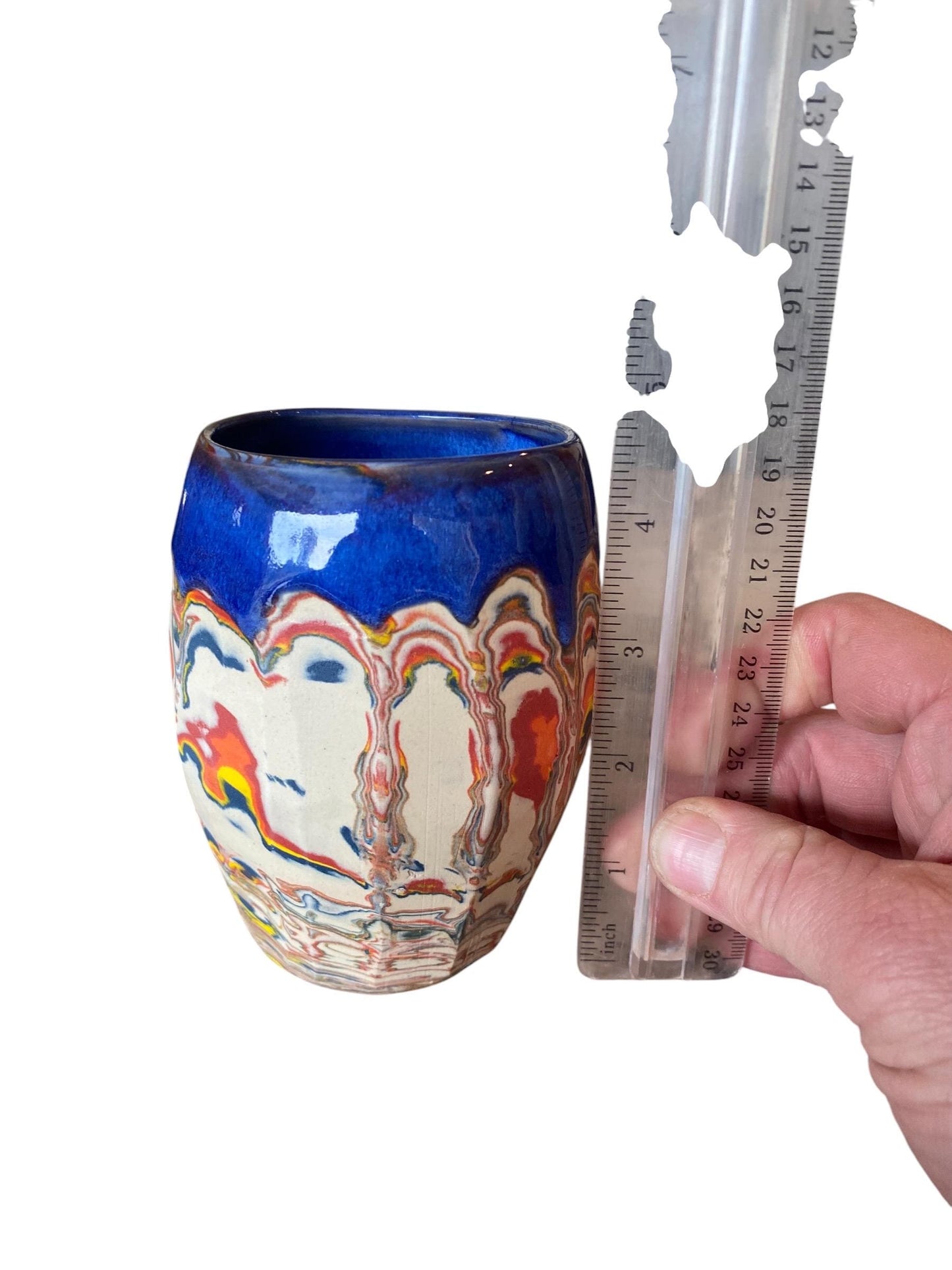 Artisanal Fluted 16 Ounce Porcelain Mug: Neriage Swirled Clays, Hand-Carved Satin-Smooth Pottery (D-36)