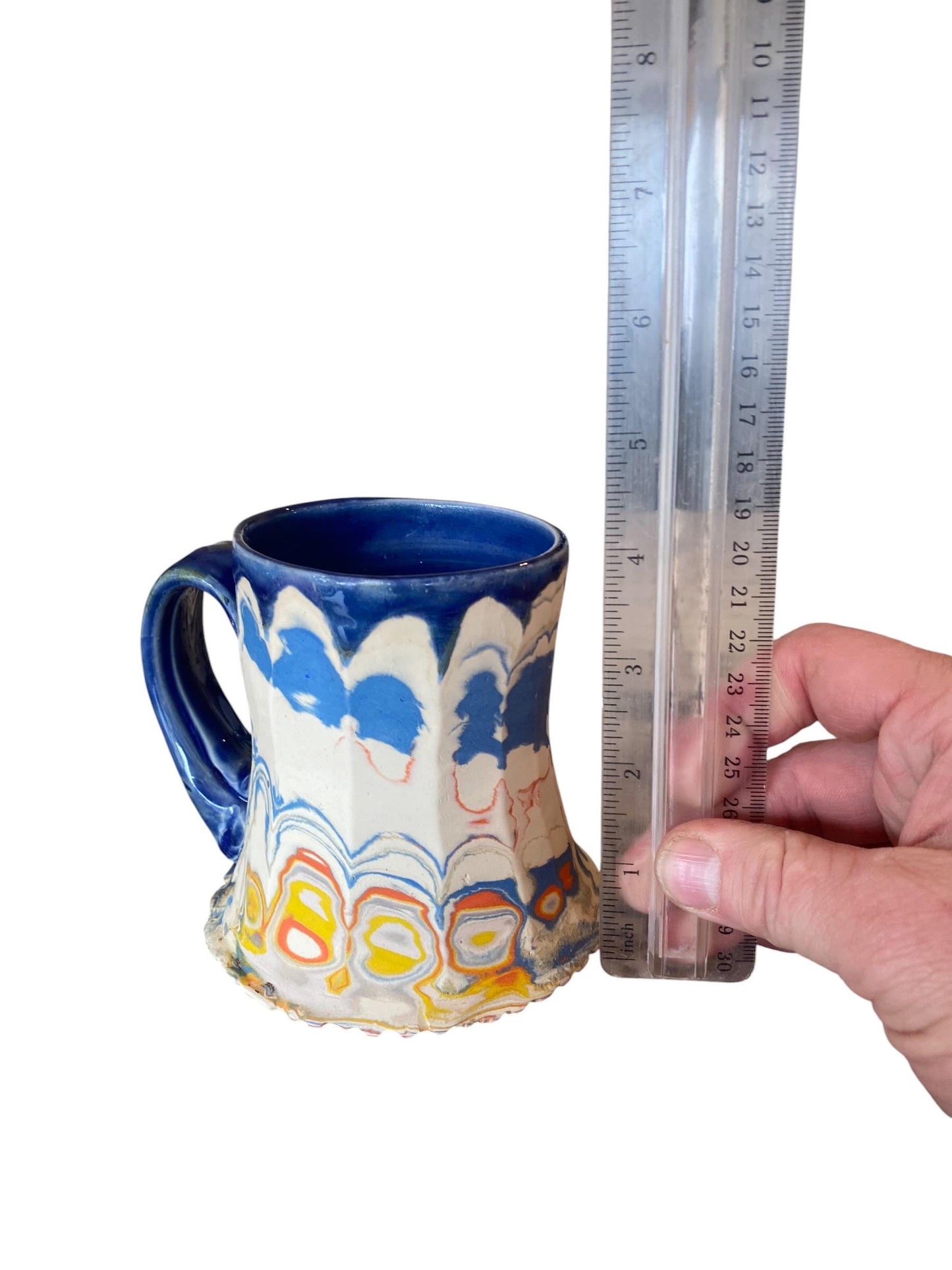 Artisanal Fluted 14 Ounce Porcelain Mug: Neriage Swirled Clays, Hand-Carved Satin-Smooth Pottery (D-30)