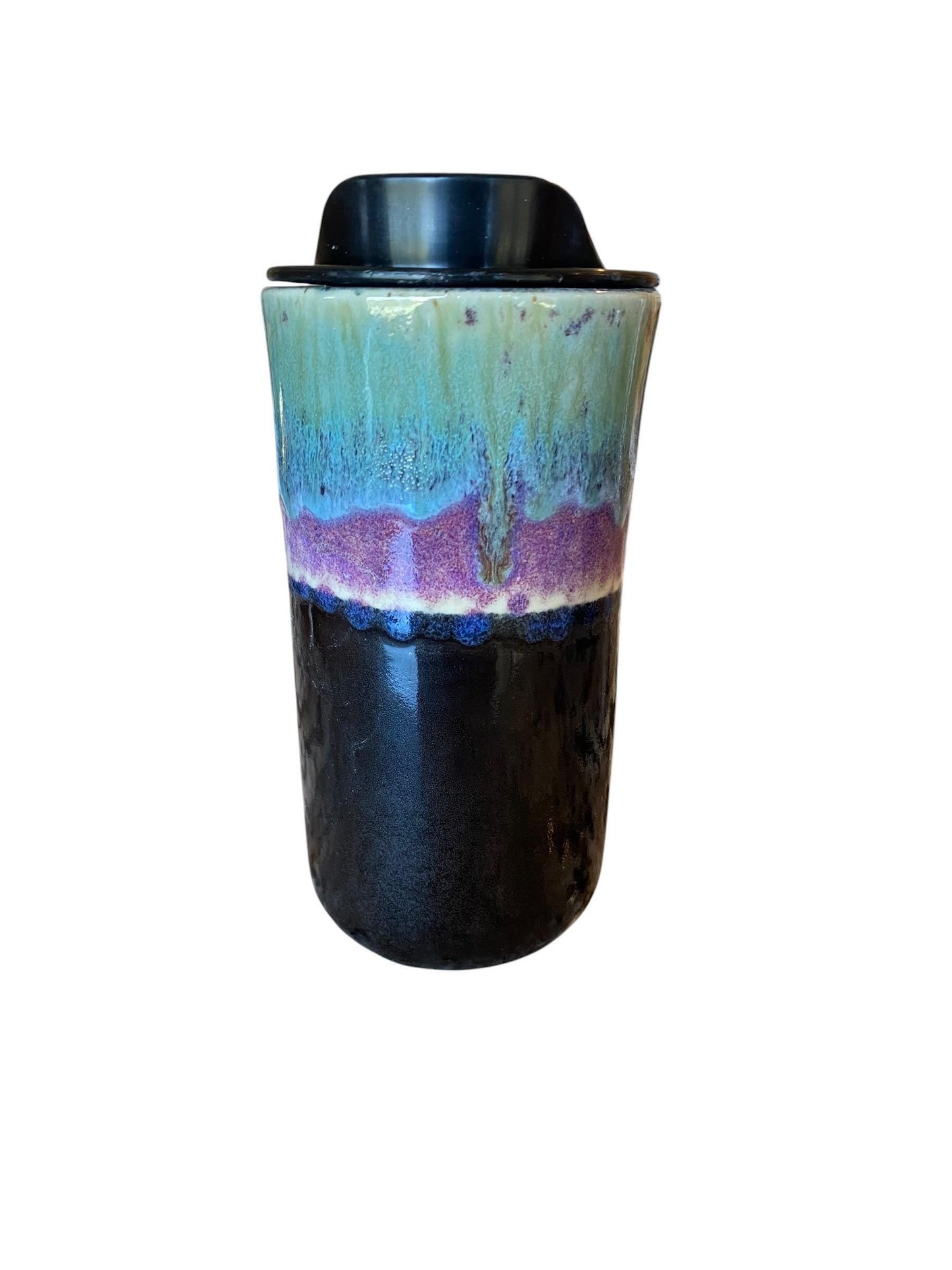 Handmade Turqiose, Purple and Black Porcelain Travel Mug: Coffee Cup