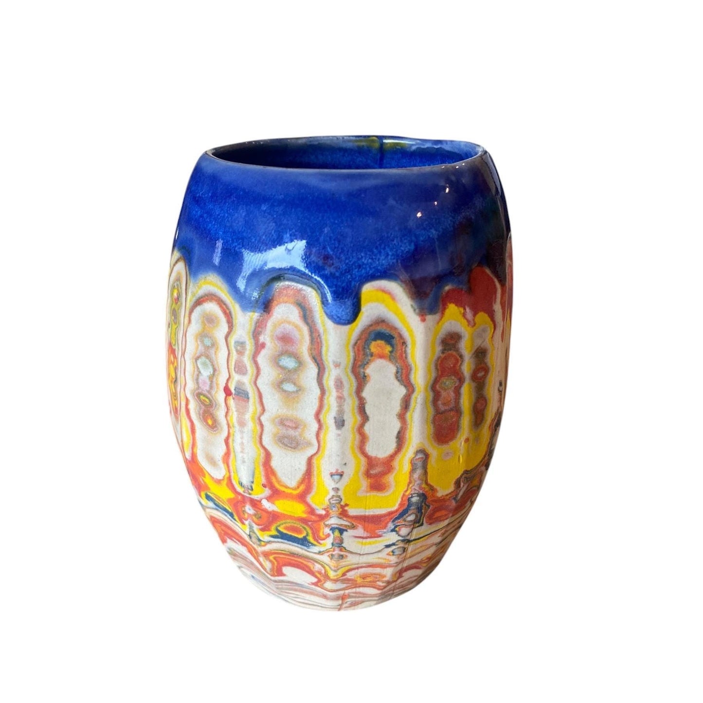 Artisanal Fluted 16 Ounce Porcelain Mug: Neriage Swirled Clays, Hand-Carved Satin-Smooth Pottery (D-35)