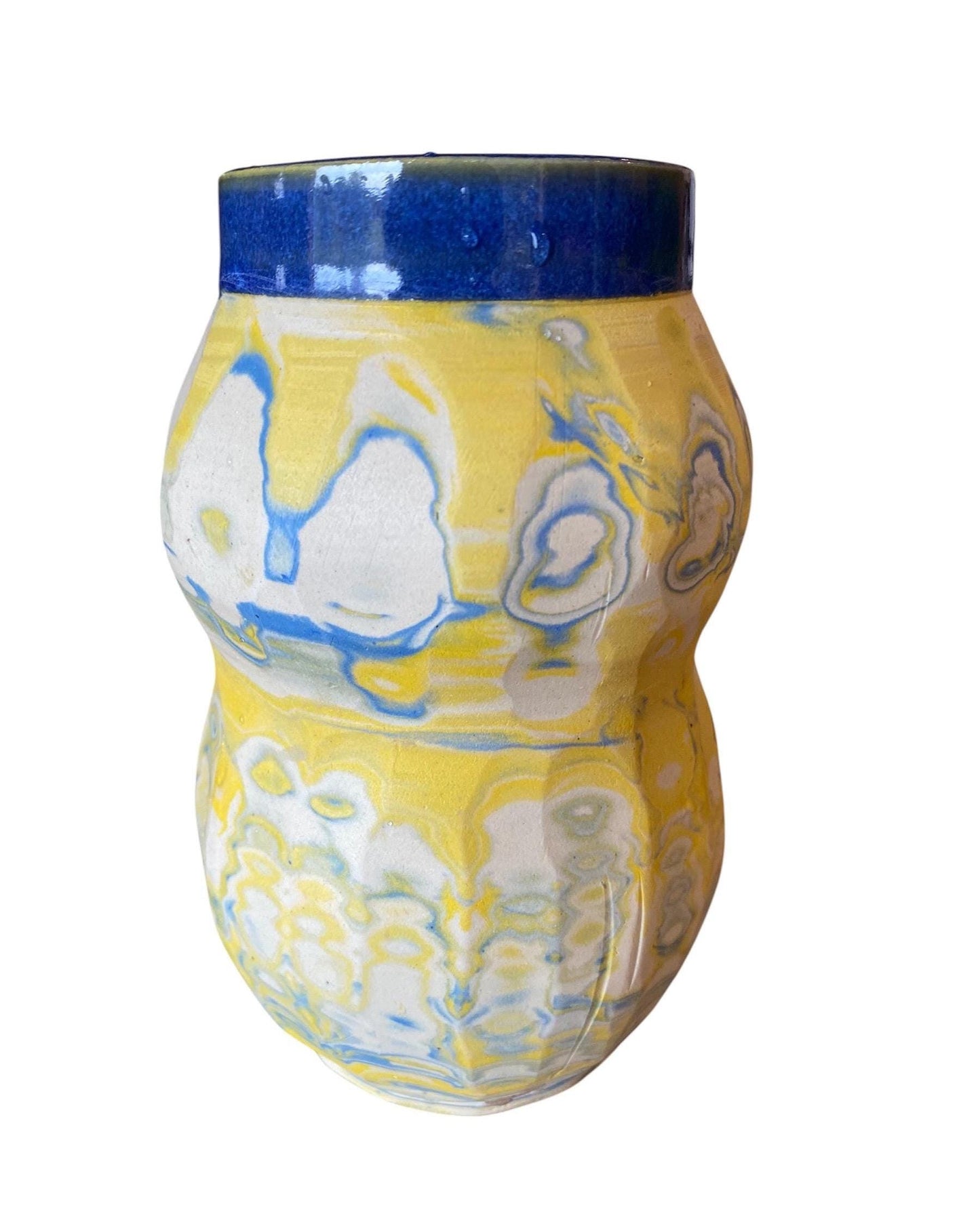Artisanal Fluted 24 Ounce Porcelain Mug: Neriage Swirled Clays, Hand-Carved Satin-Smooth Pottery (D-33)