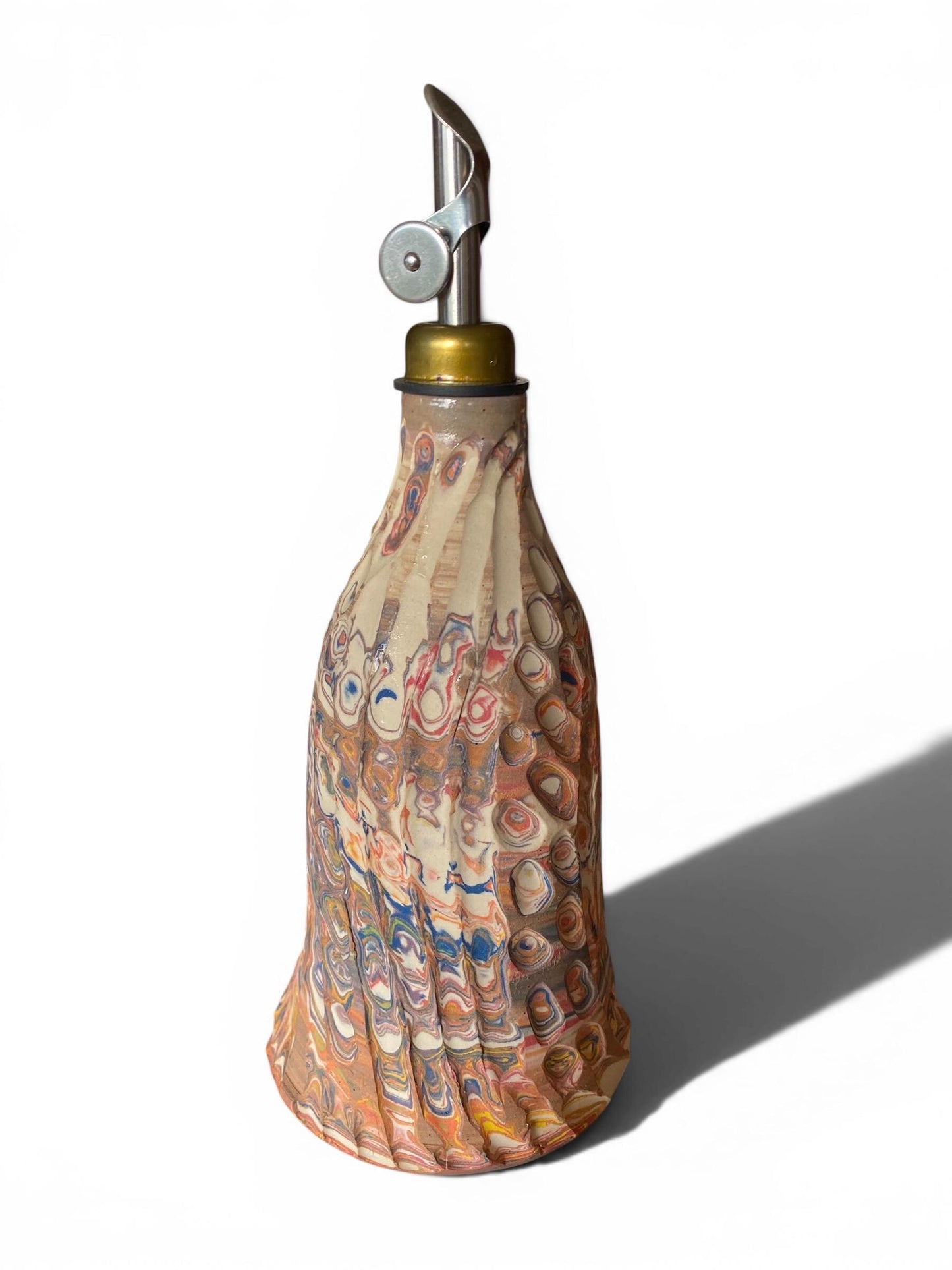 Artisanal 16 Ounce Porcelain Oil Dispensar: Neriage Swirled Clays, Hand-Carved Satin-Smooth Pottery (D-44)