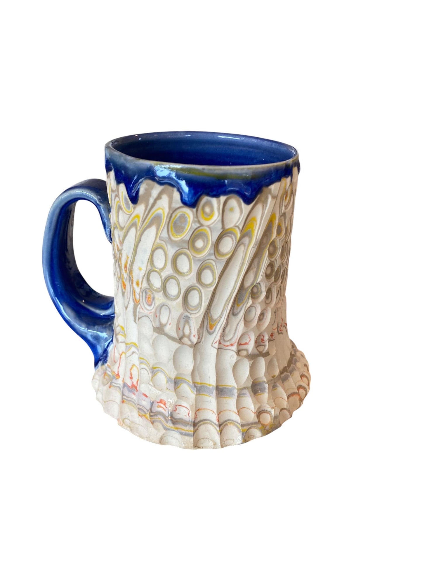 Artisanal Fluted 14 Ounce Porcelain Mug: Neriage Swirled Clays, Hand-Carved Satin-Smooth Pottery (D-29)