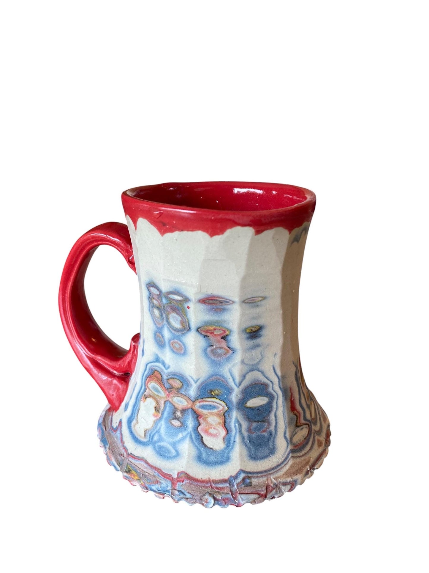 Artisanal Fluted 14 Ounce Porcelain Mug: Neriage Swirled Clays, Hand-Carved Satin-Smooth Pottery (D-23)