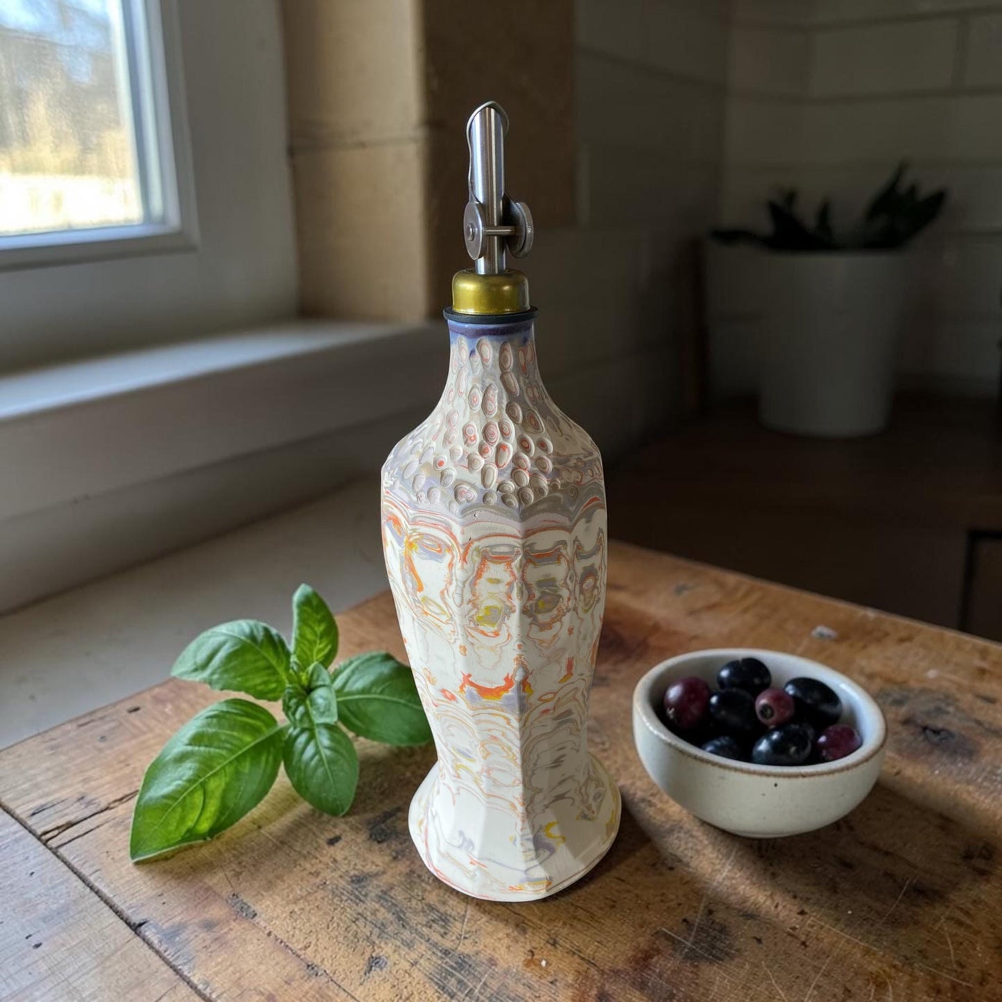 Handcrafted Porcelain Oil Dispenser 18oz Neriage Swirled Clay Japanese Pottery Olive Kitchen Bottle (D-46)
