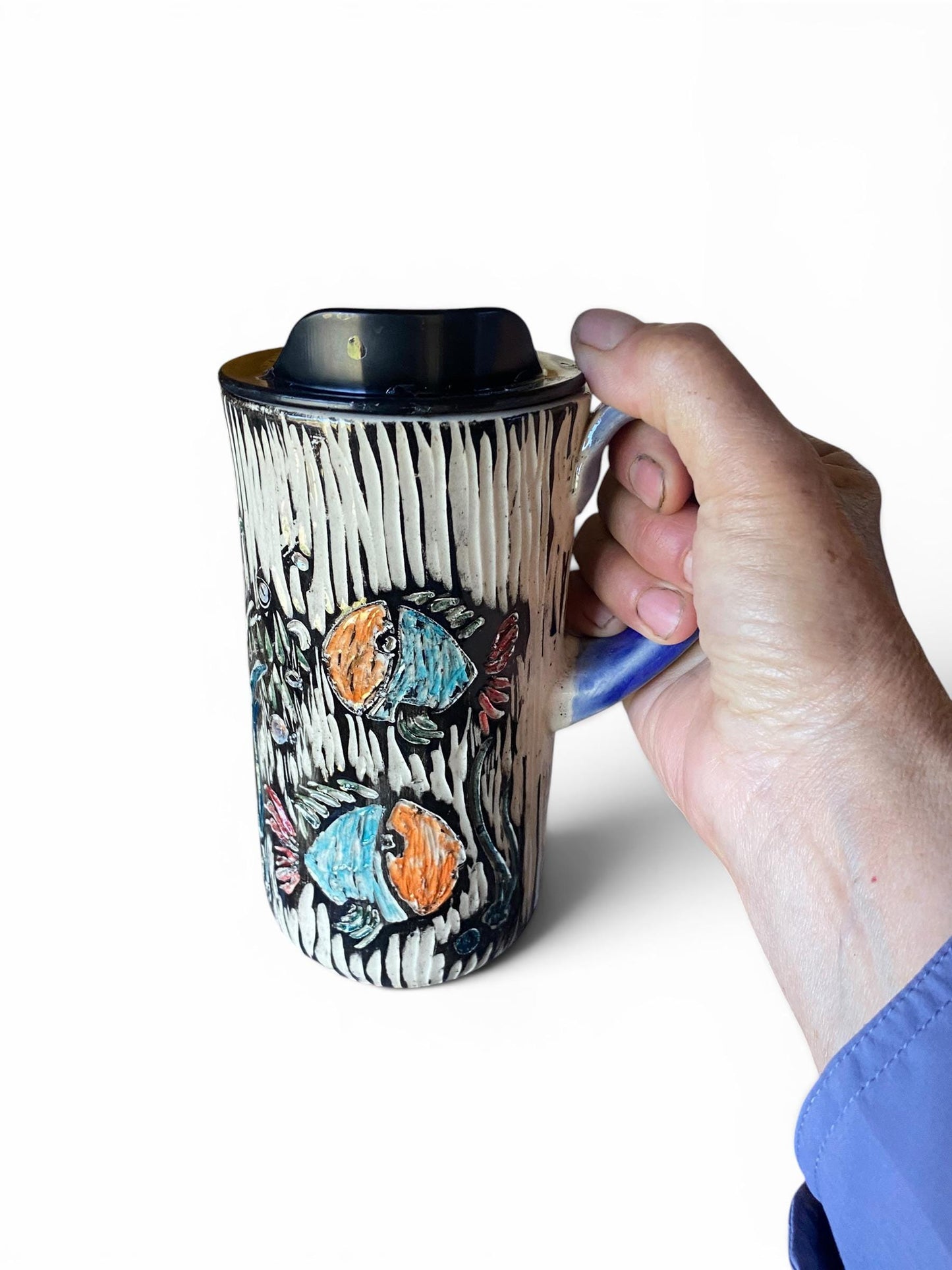 Handmade Travel Mug With Playful Fish: Sgraffito'd Porcelain Coffee Cup
