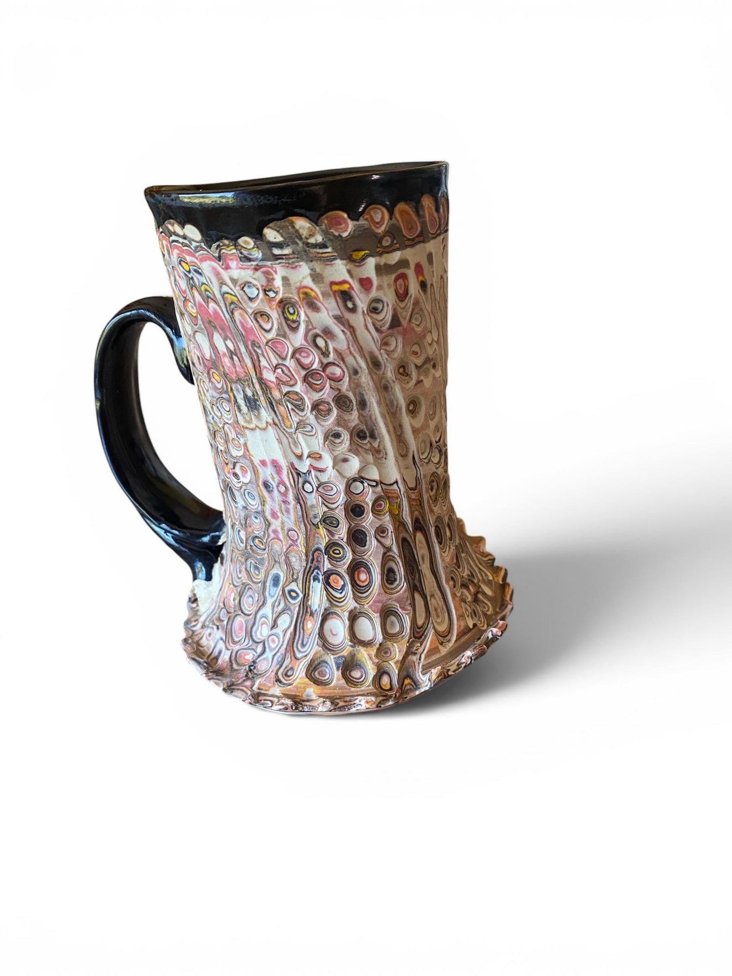 Artisanal Fluted 16 Ounce Porcelain Mug: Neriage Swirled Clays, Hand-Carved Satin-Smooth Pottery (E-2)
