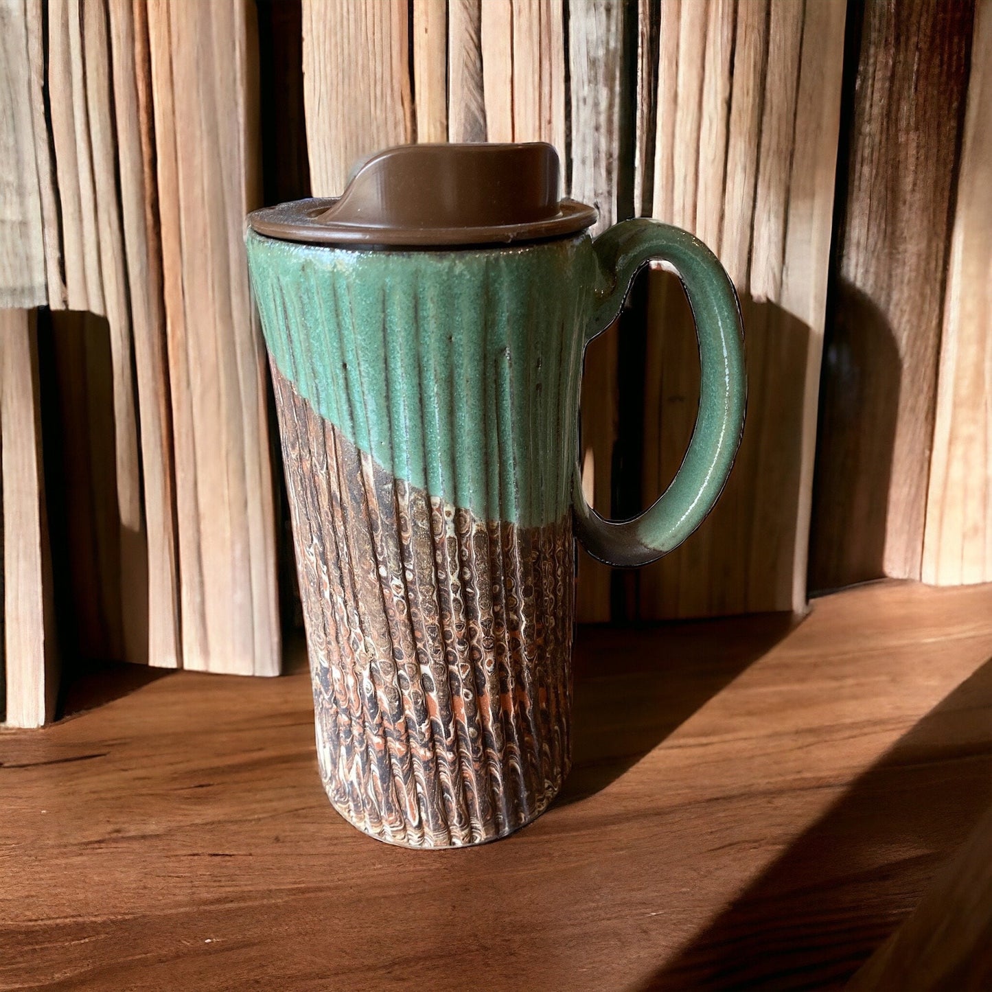 Pistachio Agateware Handmade Travel Mug With Lid - Travel Coffee Mug - Travel Coffee Cup - Pottery Mug - Commuter Pottery Mug