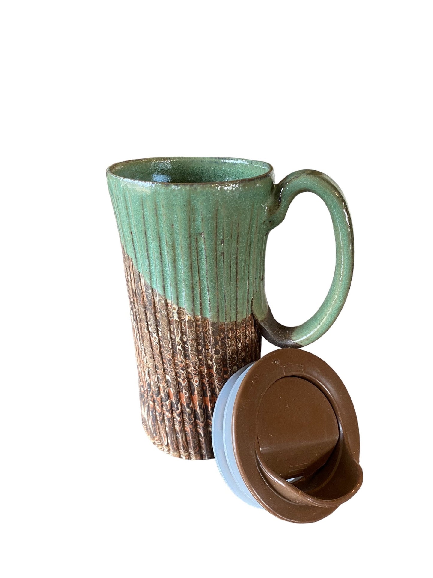 Pistachio Agateware Handmade Travel Mug With Lid - Travel Coffee Mug -  Travel Coffee Cup -  Pottery Mug - Commuter Pottery Mug