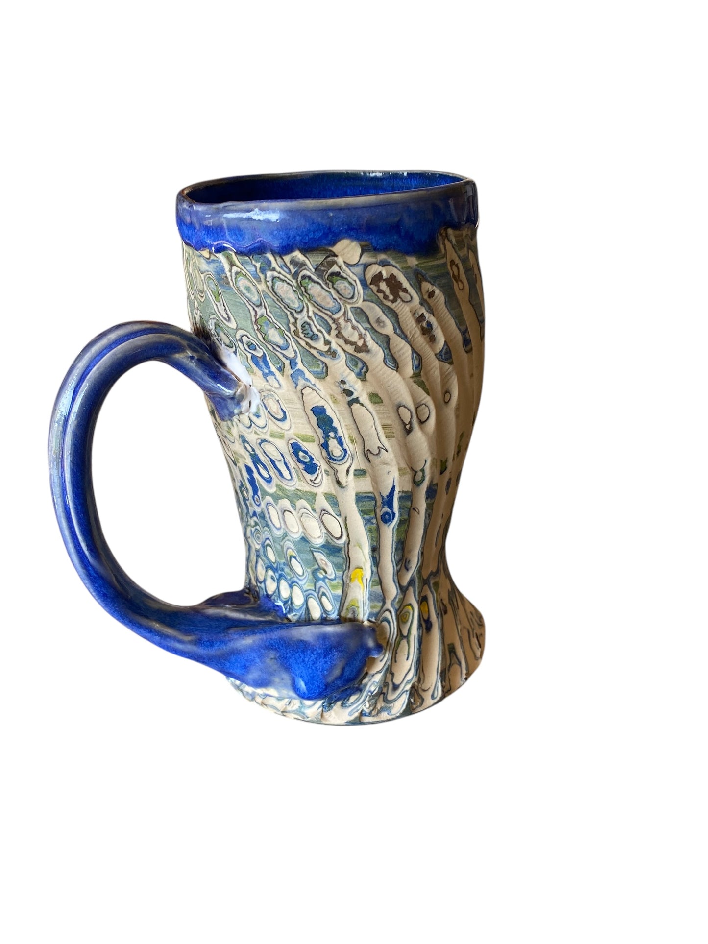 Fluted Porcelain Mug – Swirled Colored Clays with Japanese Neriage, Hand-Carved, Satin-Smooth Unglazed Pottery