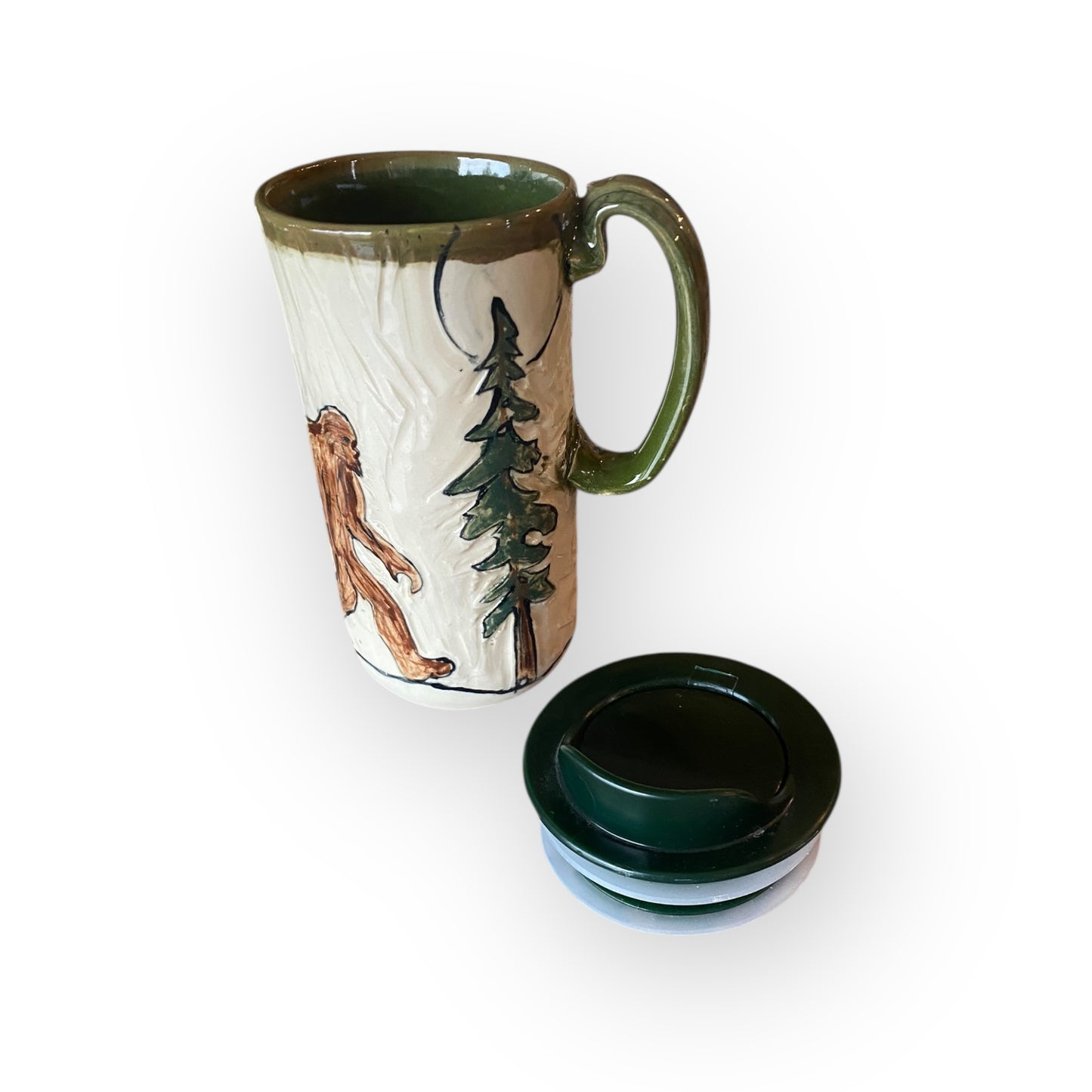 Bigfoot Ceramic Travel Mug – 16 oz Handmade Stoneware Tumbler with Locking Lid | Sgraffito Bigfoot Design | Eco-Friendly Coffee Cup