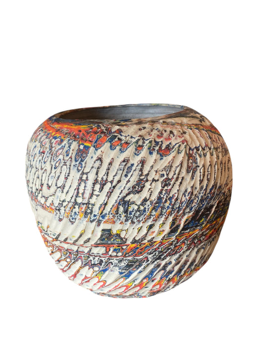 Large Hand Thrown Carved Neriage Vase Made from a Rainbow of Colors