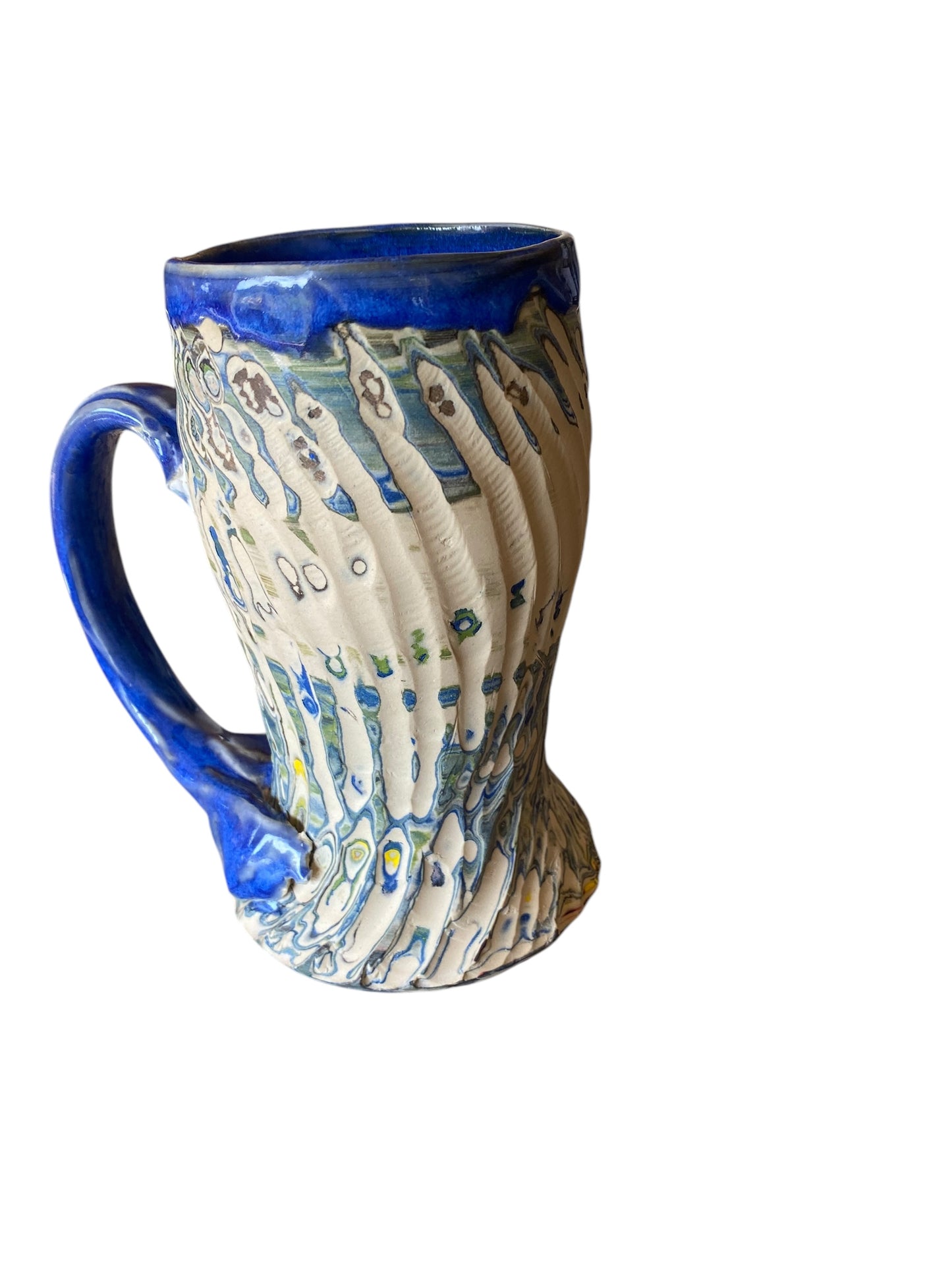Fluted Porcelain Mug – Swirled Colored Clays with Japanese Neriage, Hand-Carved, Satin-Smooth Unglazed Pottery