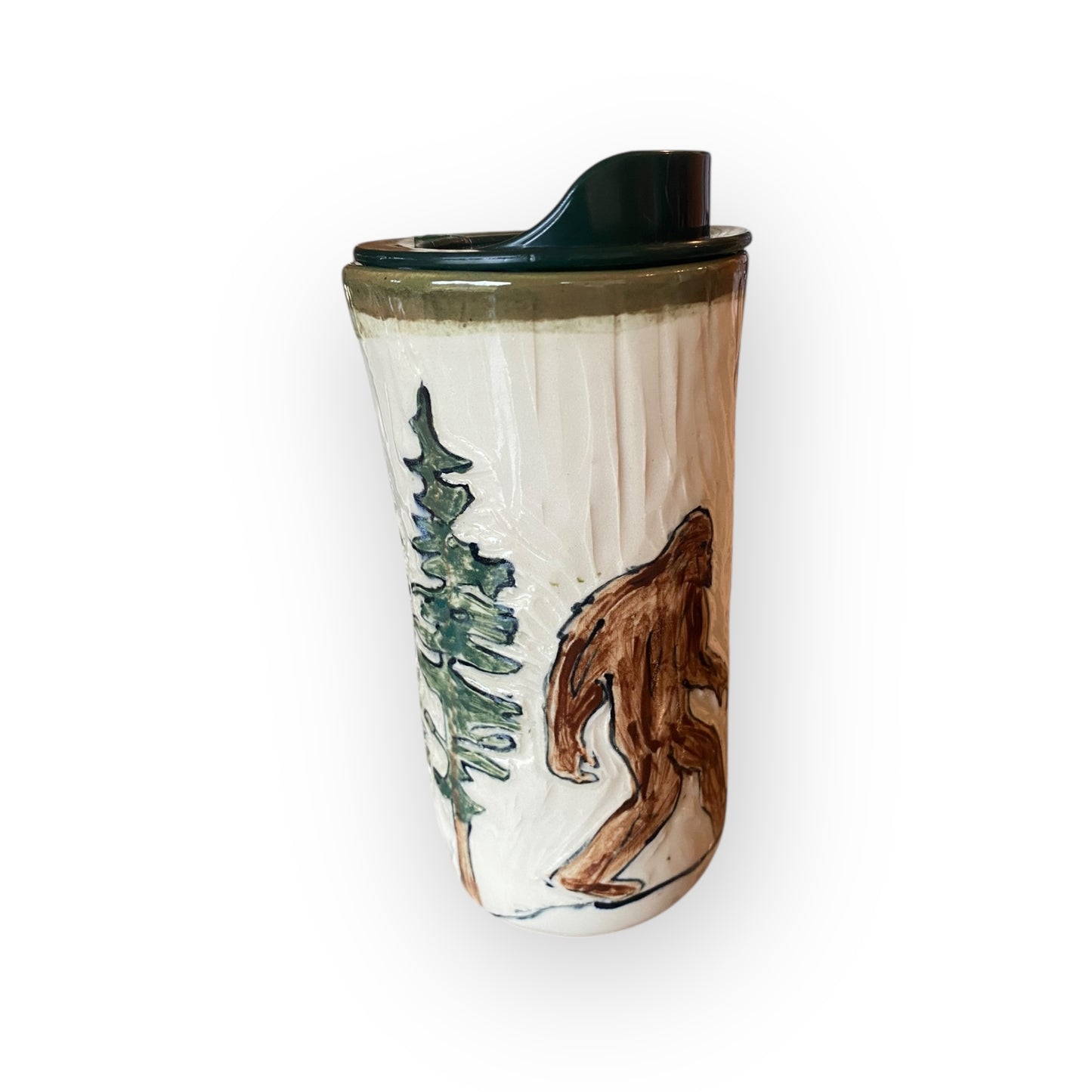 Bigfoot Ceramic Travel Mug – 16 oz Handmade Stoneware Tumbler with Locking Lid | Sgraffito Bigfoot Design | Eco-Friendly Coffee Cup