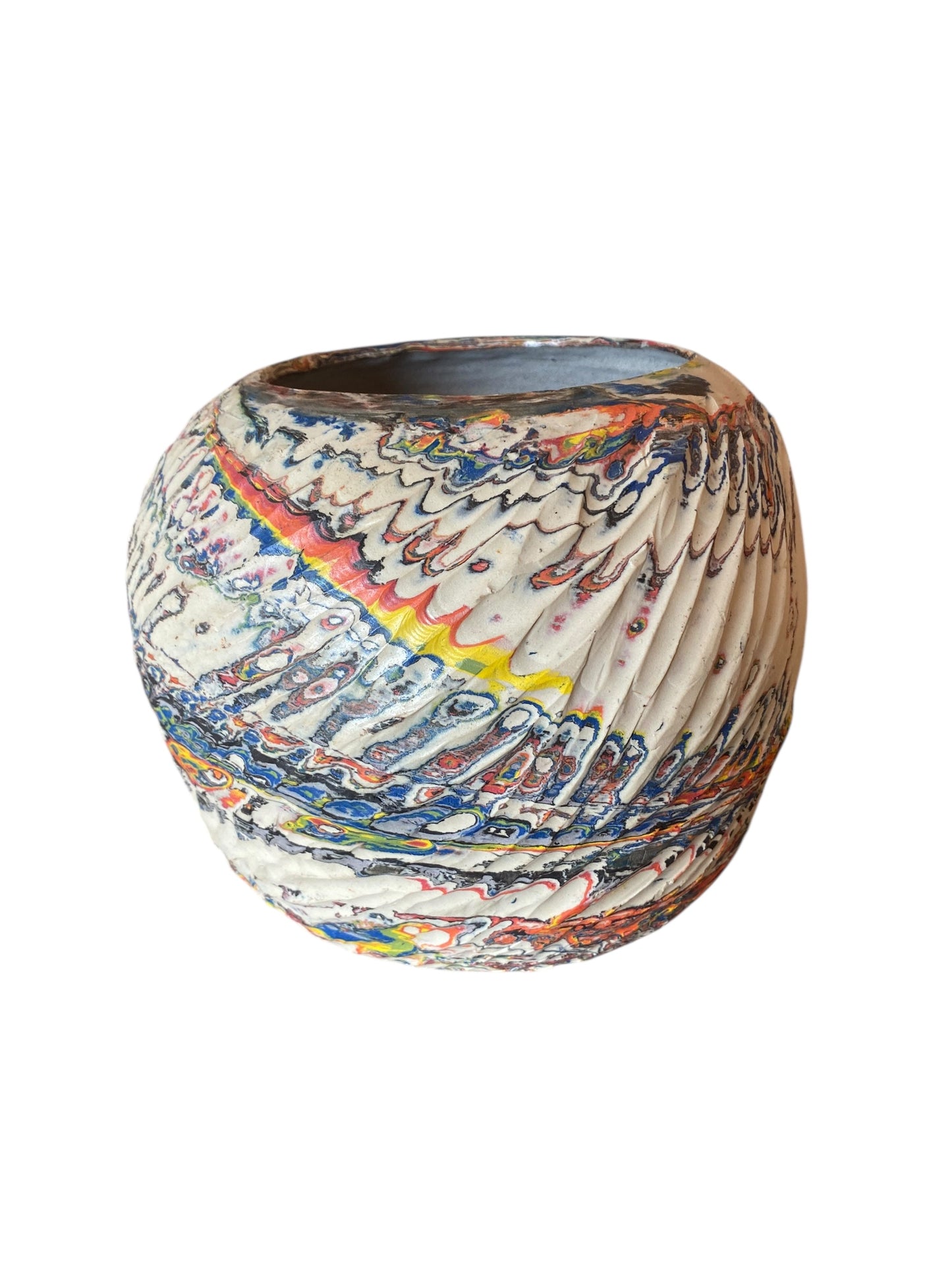 Large Hand Thrown Carved Neriage Vase Made from a Rainbow of Colors