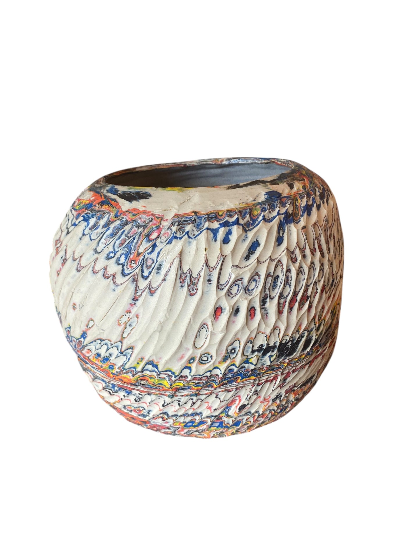 Large Hand Thrown Carved Neriage Vase Made from a Rainbow of Colors
