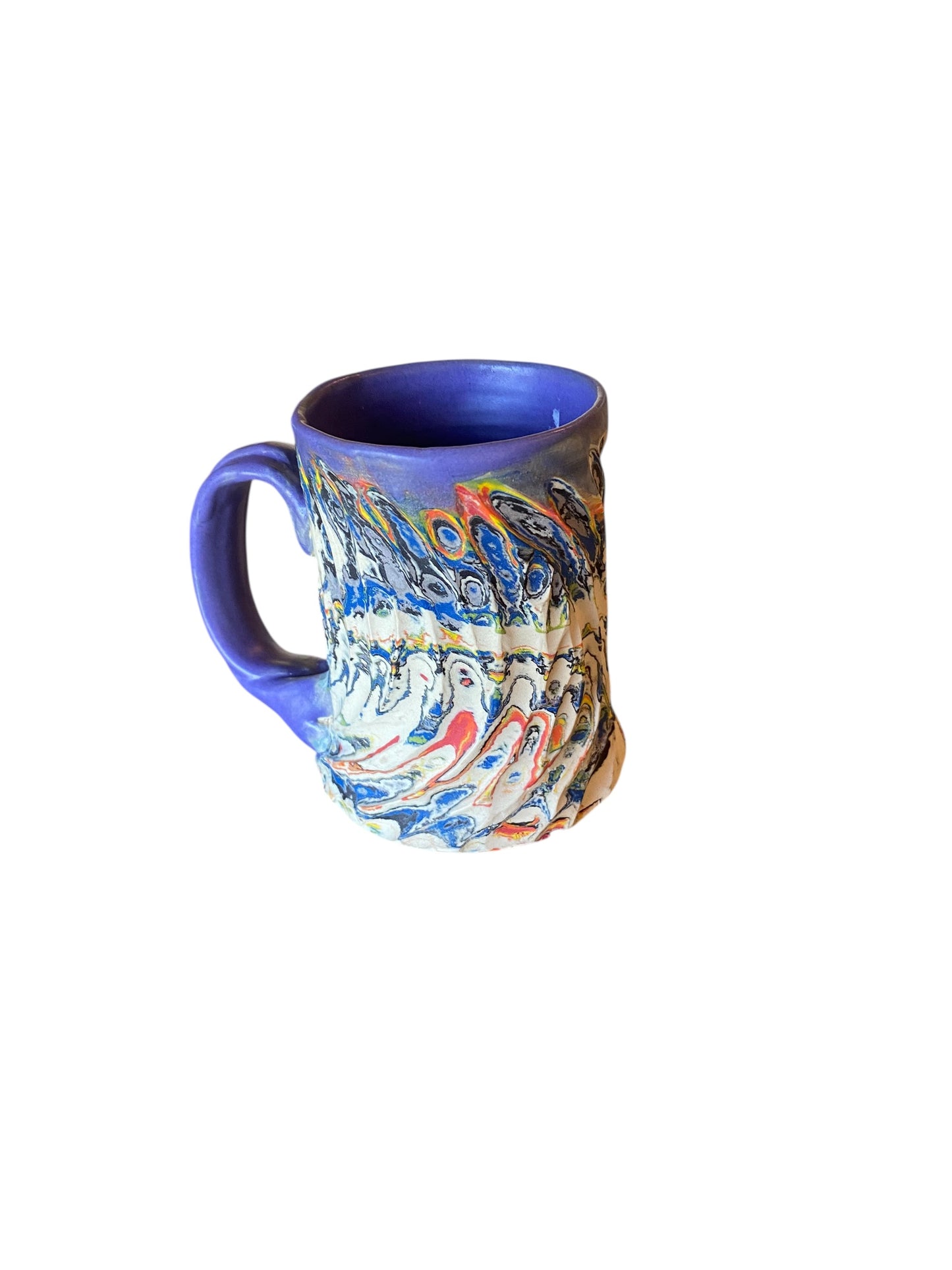 Fluted Porcelain Mug – Swirled Colored Clays with Japanese Neriage, Hand-Carved, Satin-Smooth Unglazed Pottery