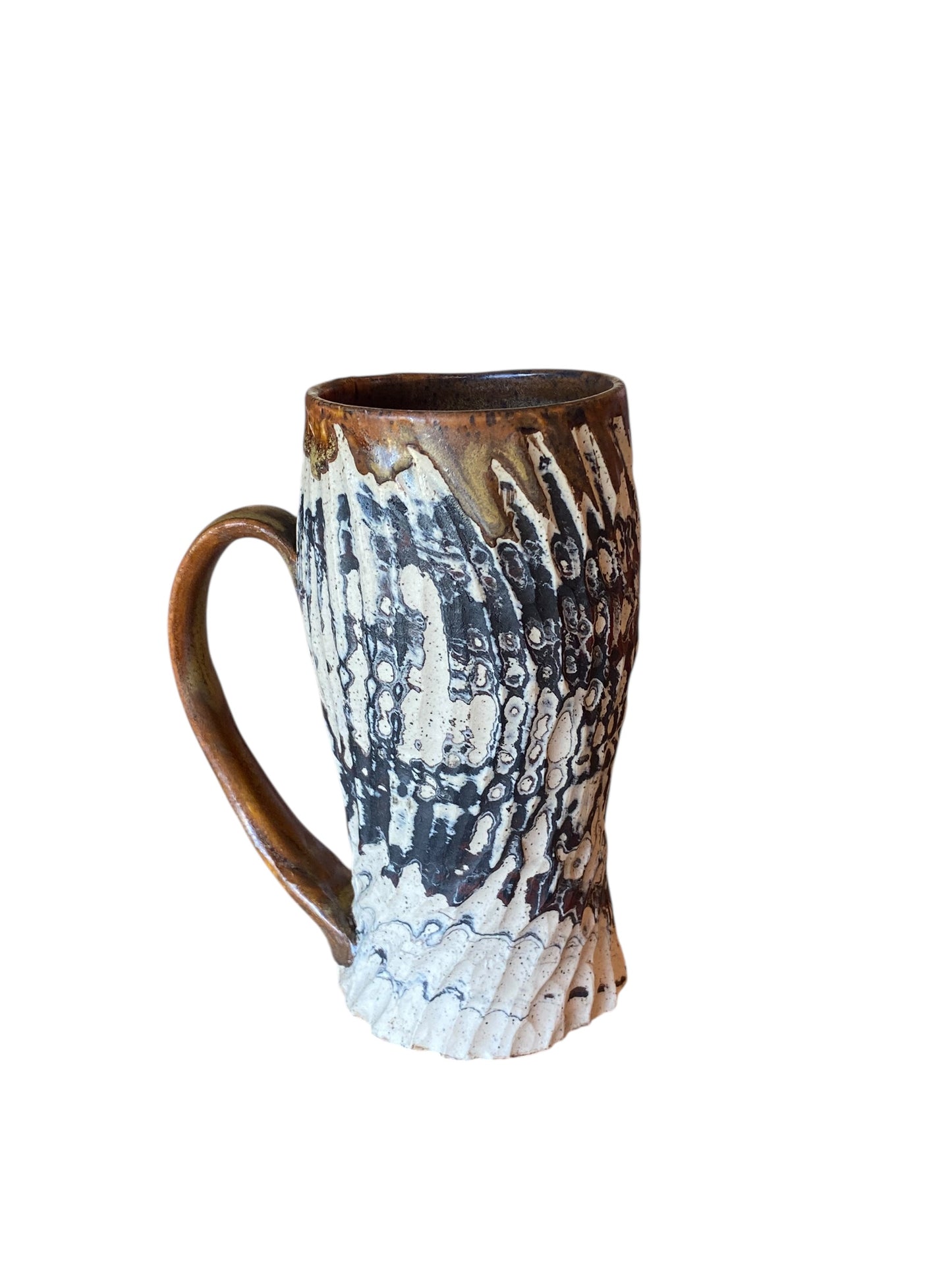 Fluted Porcelain Mug – Swirled Colored Clays with Japanese Neriage, Hand-Carved, Satin-Smooth Unglazed Pottery