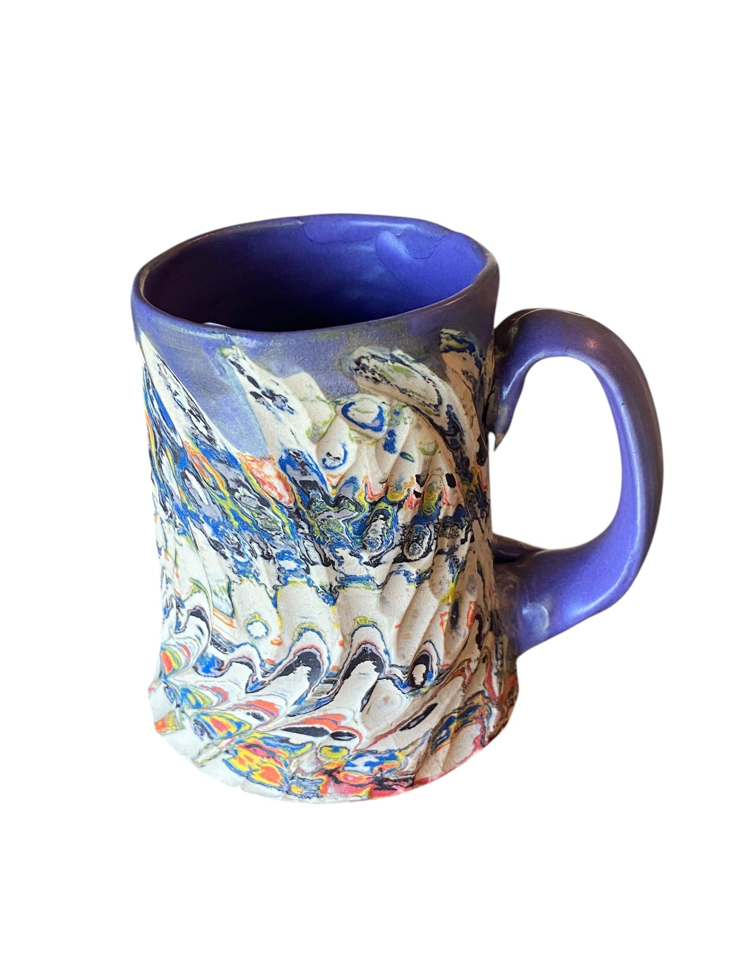 Fluted Porcelain Mug – Swirled Colored Clays with Japanese Neriage, Hand-Carved, Satin-Smooth Unglazed Pottery