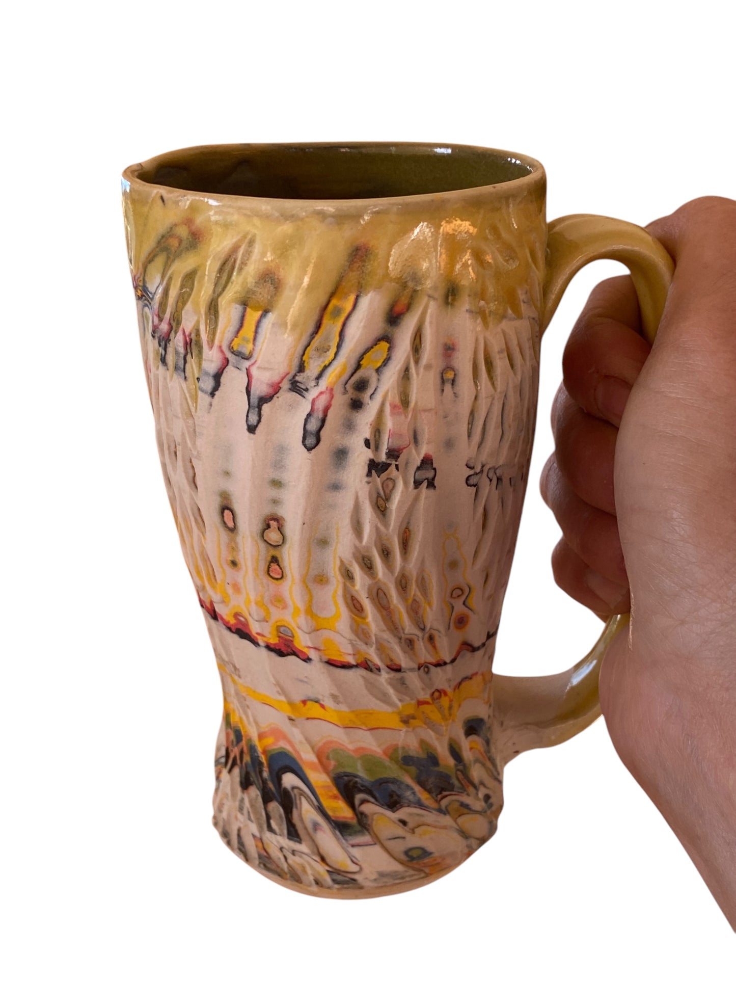 Fluted Porcelain Mug – Swirled Colored Clays with Japanese Neriage, Hand-Carved, Satin-Smooth Unglazed Pottery