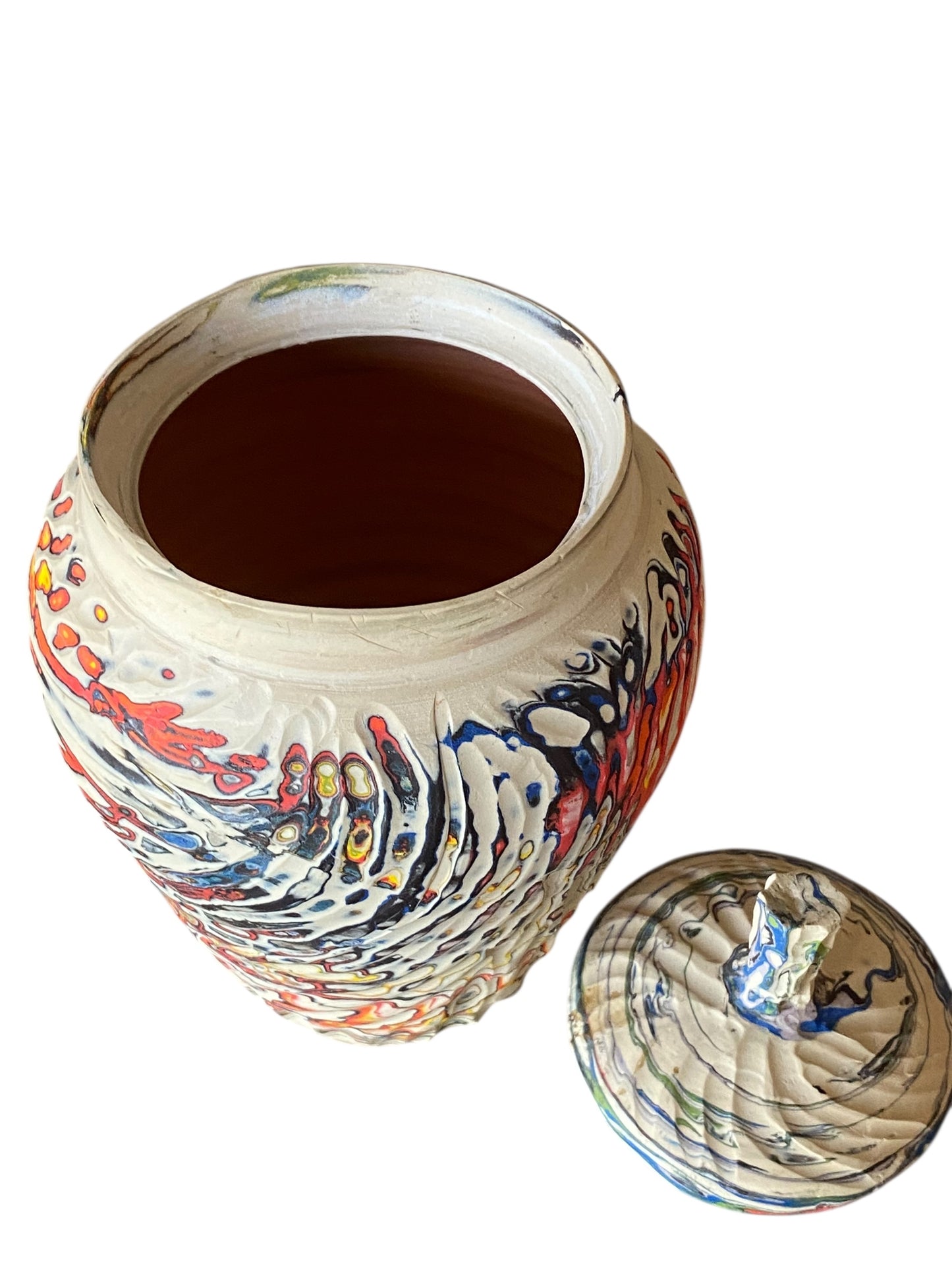 Large Carved Neriage Porcelain Jar – Handcrafted 7-Color Clay Art Vase or Decorative Urn