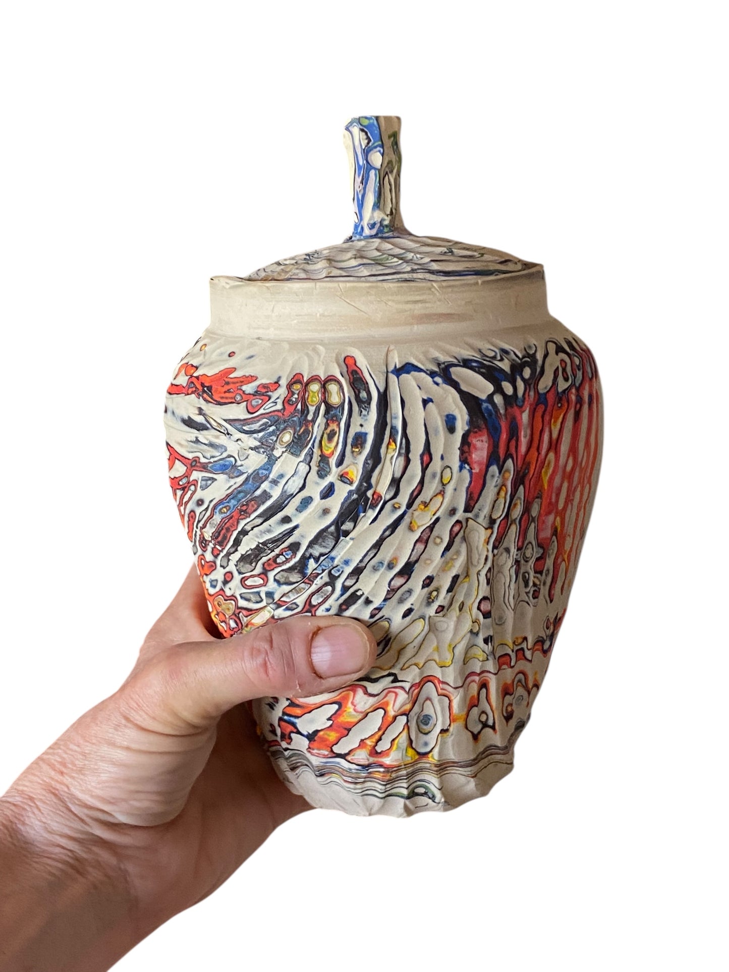 Large Carved Neriage Porcelain Jar – Handcrafted 7-Color Clay Art Vase or Decorative Urn