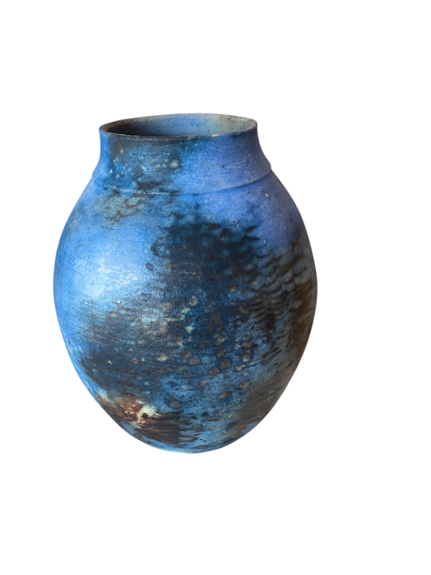 Pit Fired Vase – 10" x 7" – Cobalt Blue with Soluble Salts Finish