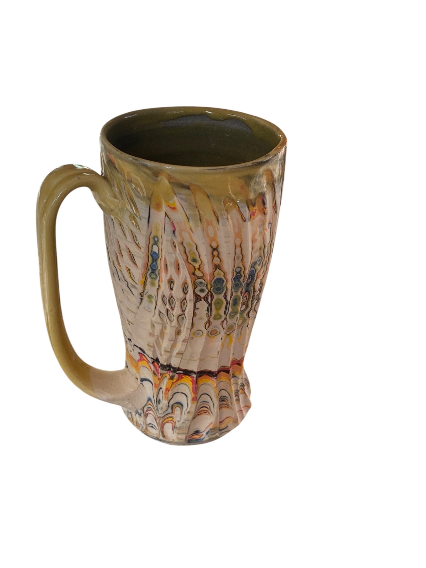 Fluted Porcelain Mug – Swirled Colored Clays with Japanese Neriage, Hand-Carved, Satin-Smooth Unglazed Pottery