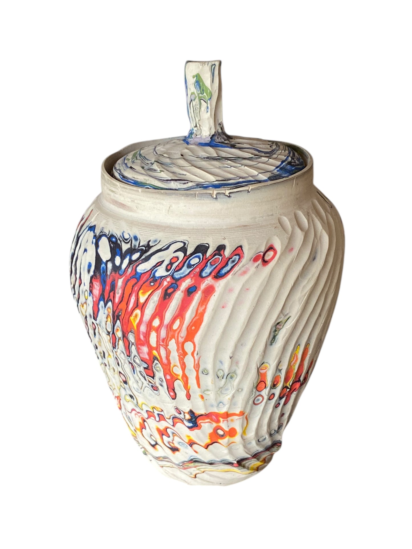 Large Carved Neriage Porcelain Jar – Handcrafted 7-Color Clay Art Vase or Decorative Urn