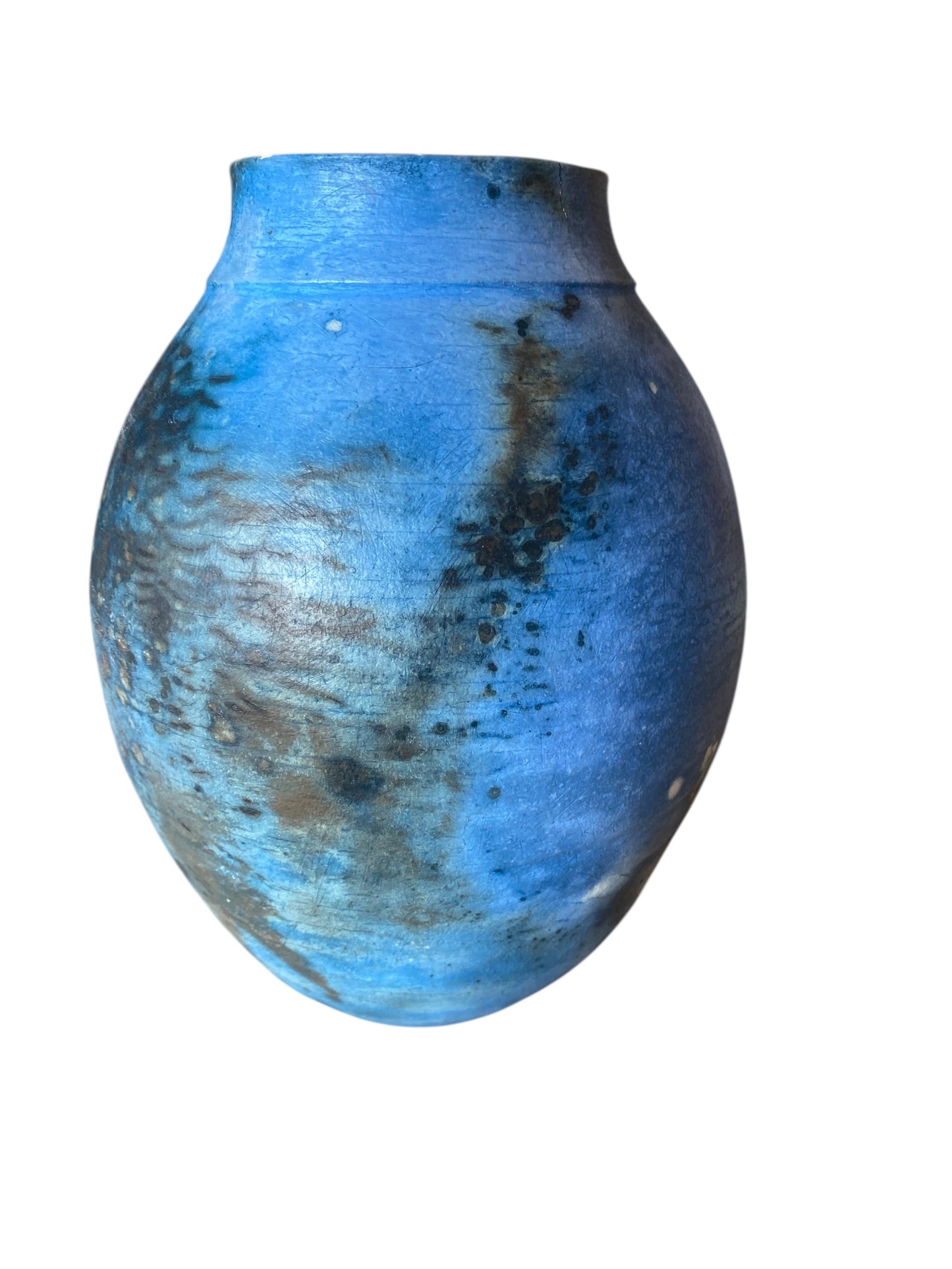 Pit Fired Vase – 10" x 7" – Cobalt Blue with Soluble Salts Finish