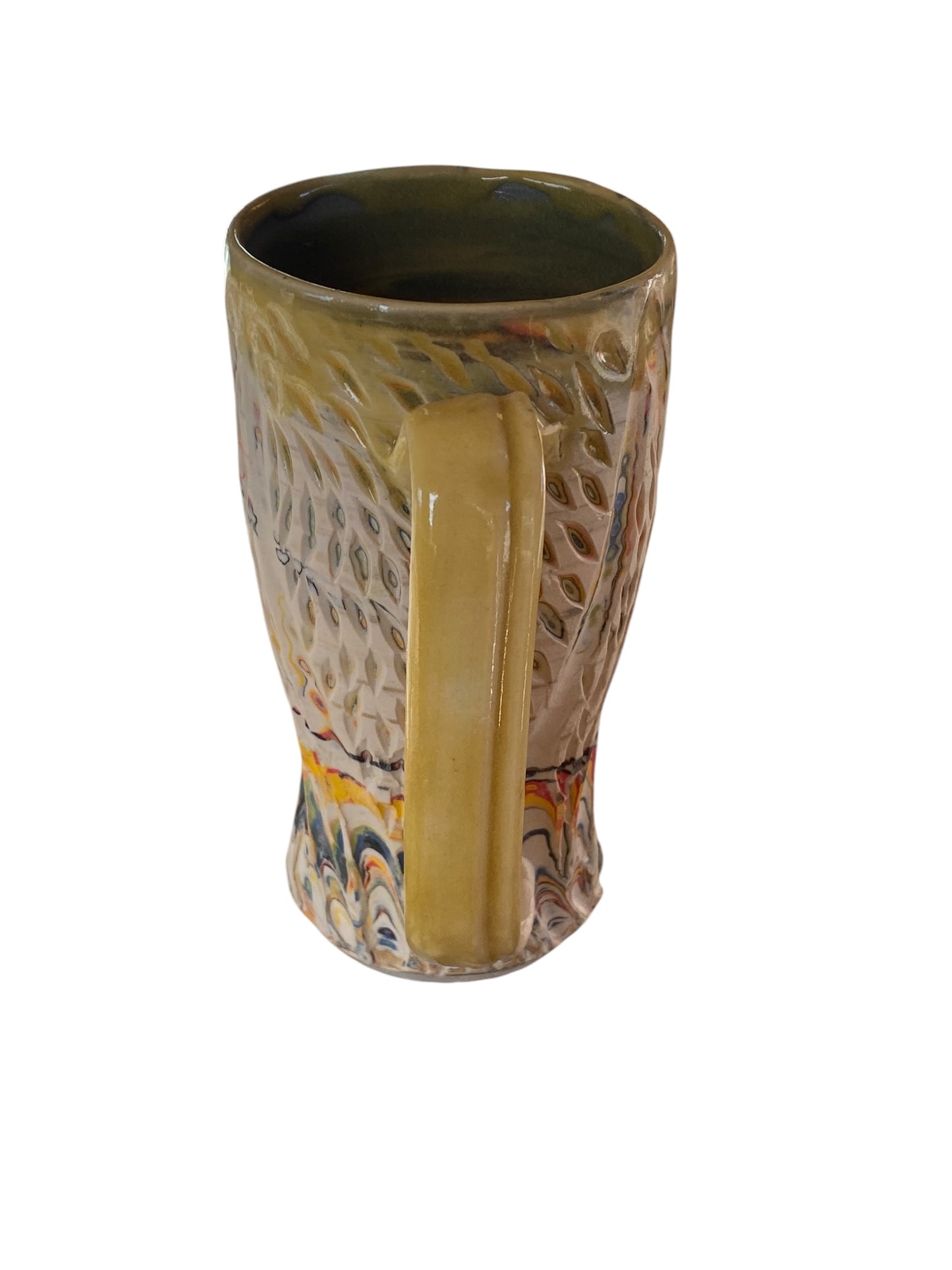 Fluted Porcelain Mug – Swirled Colored Clays with Japanese Neriage, Hand-Carved, Satin-Smooth Unglazed Pottery