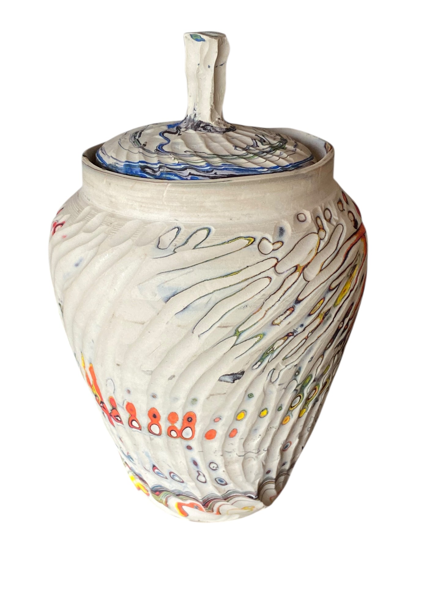 Large Carved Neriage Porcelain Jar – Handcrafted 7-Color Clay Art Vase or Decorative Urn