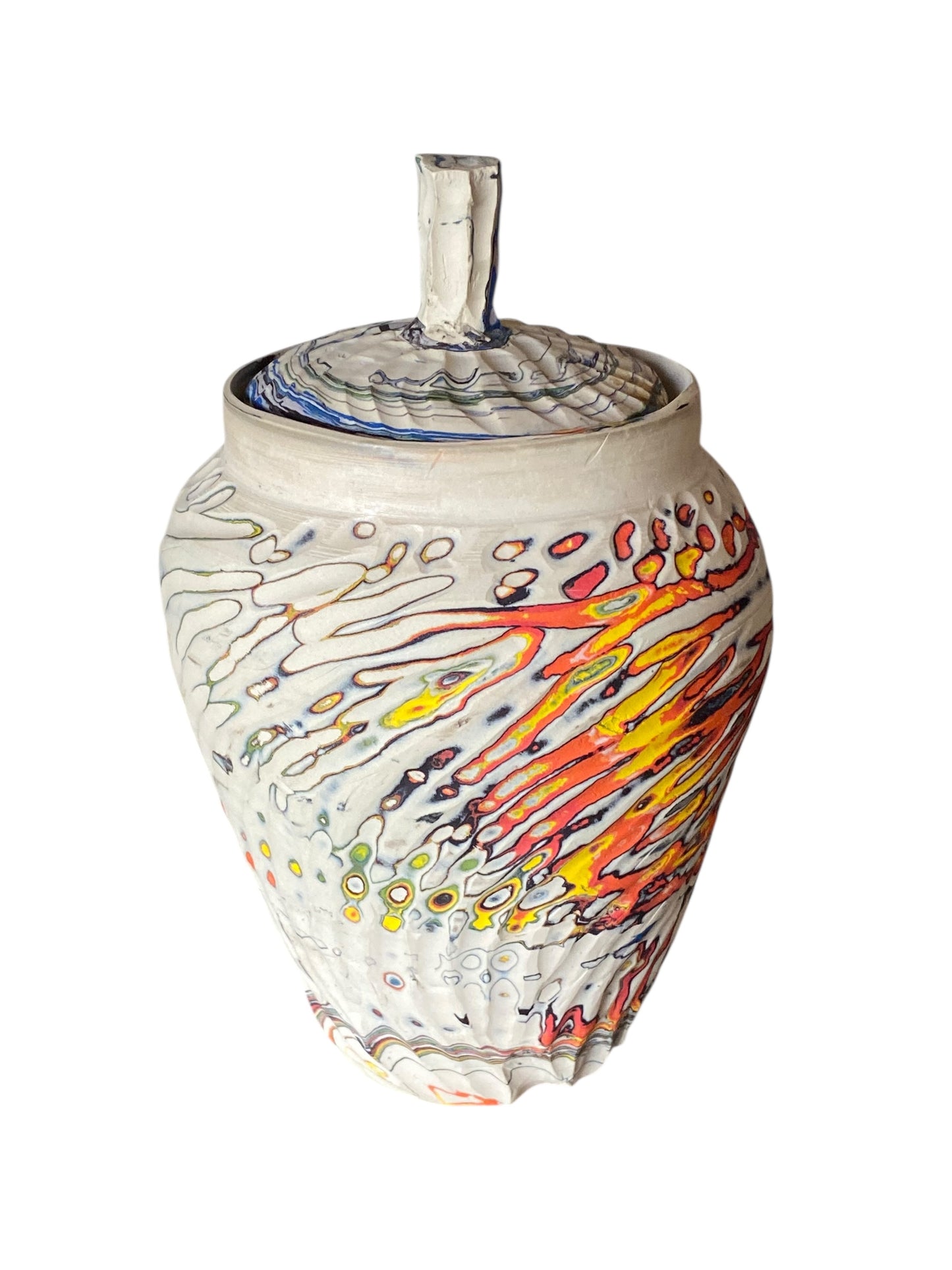Large Carved Neriage Porcelain Jar – Handcrafted 7-Color Clay Art Vase or Decorative Urn