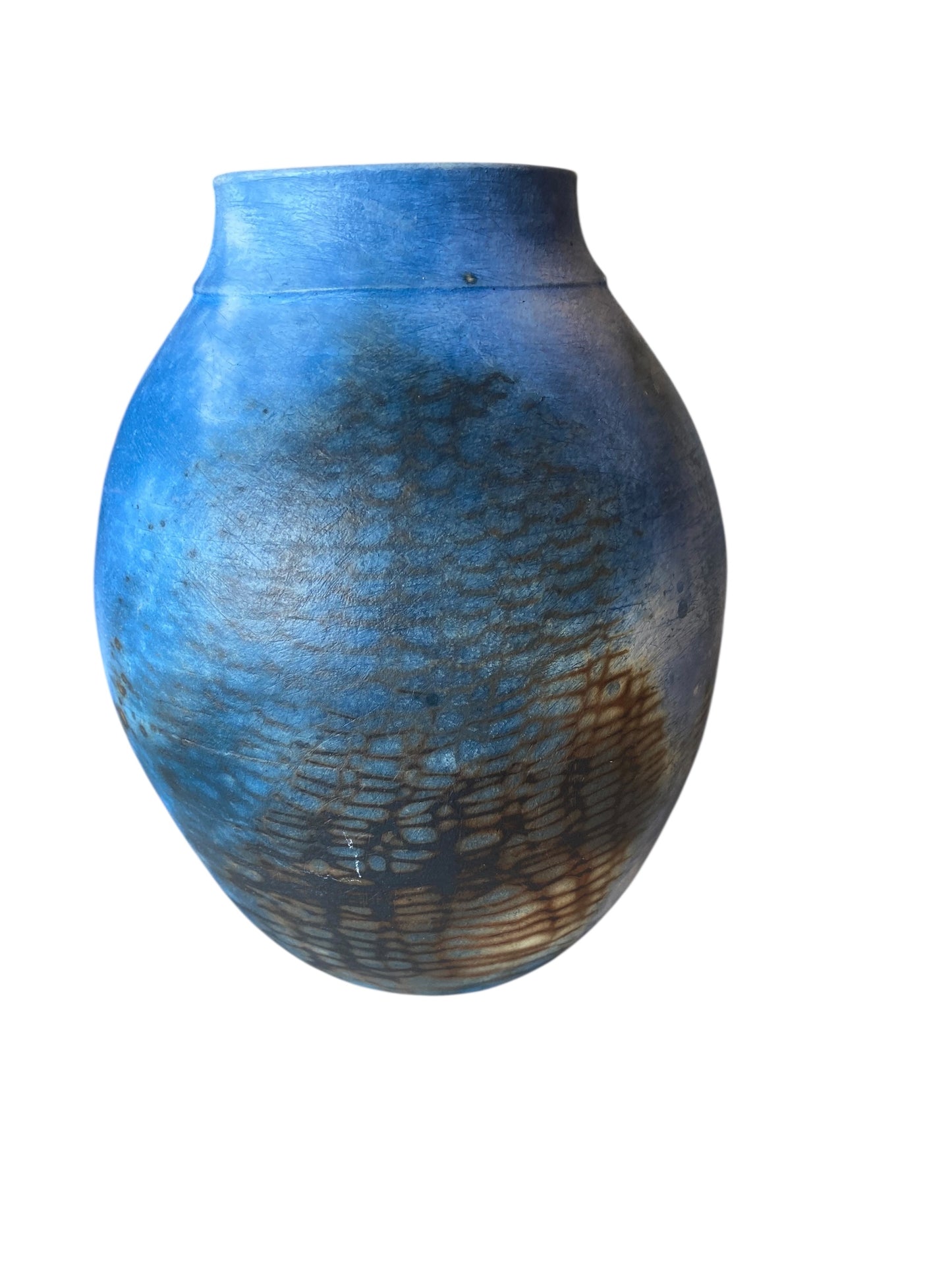 Pit Fired Vase – 10" x 7" – Cobalt Blue with Soluble Salts Finish