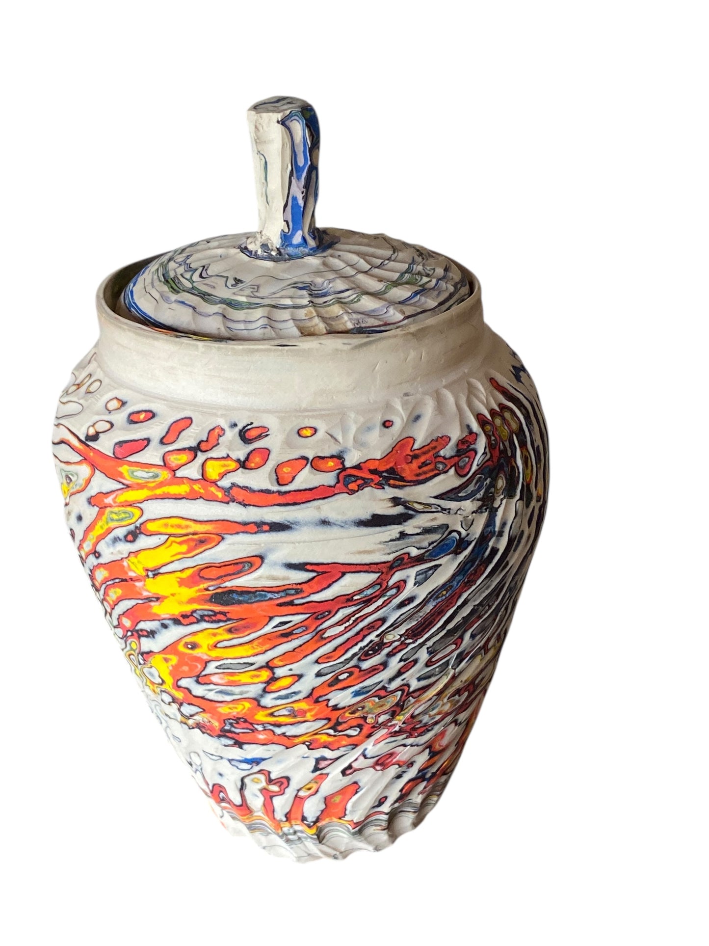 Large Carved Neriage Porcelain Jar – Handcrafted 7-Color Clay Art Vase or Decorative Urn