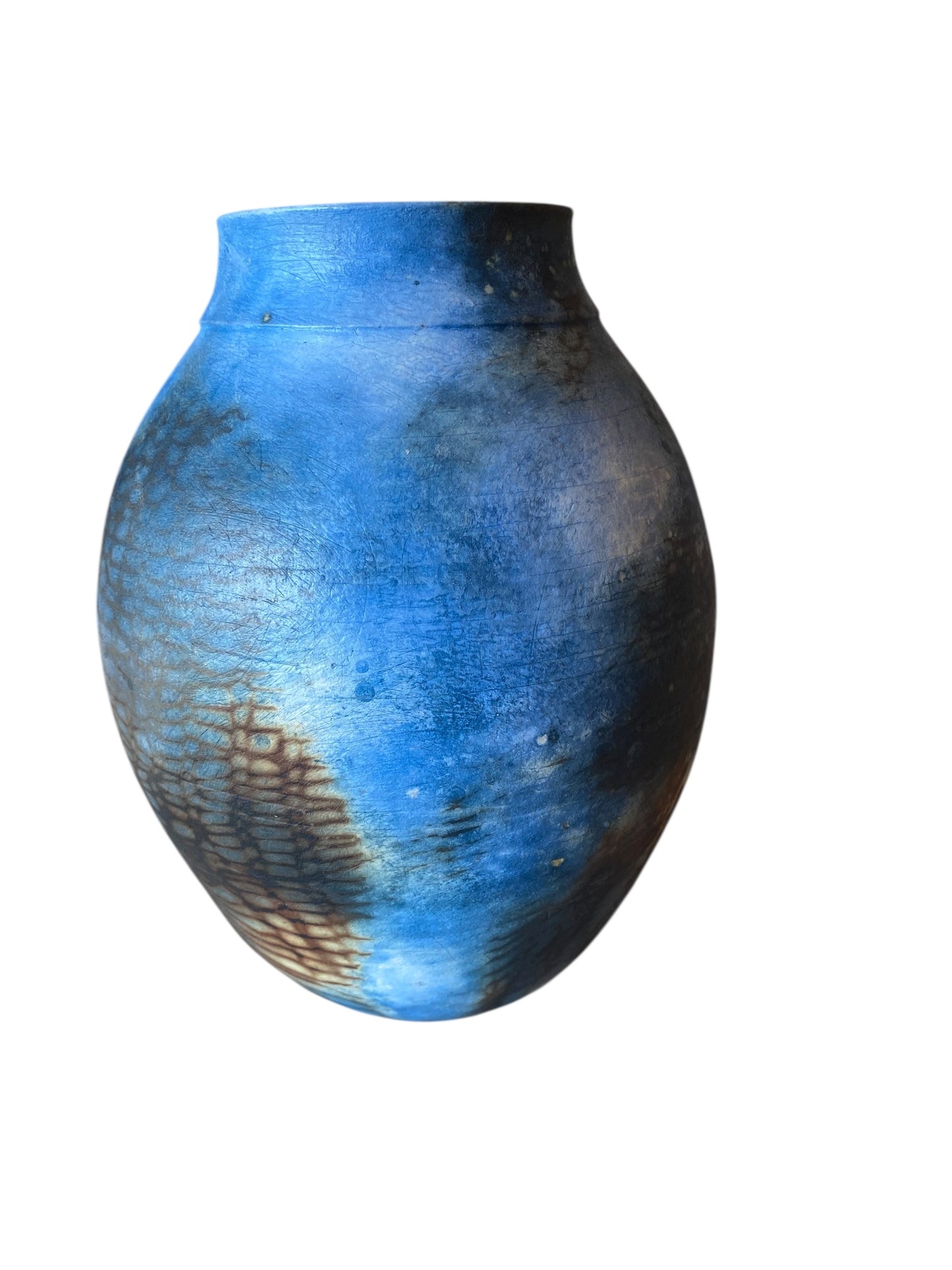 Pit Fired Vase – 10" x 7" – Cobalt Blue with Soluble Salts Finish