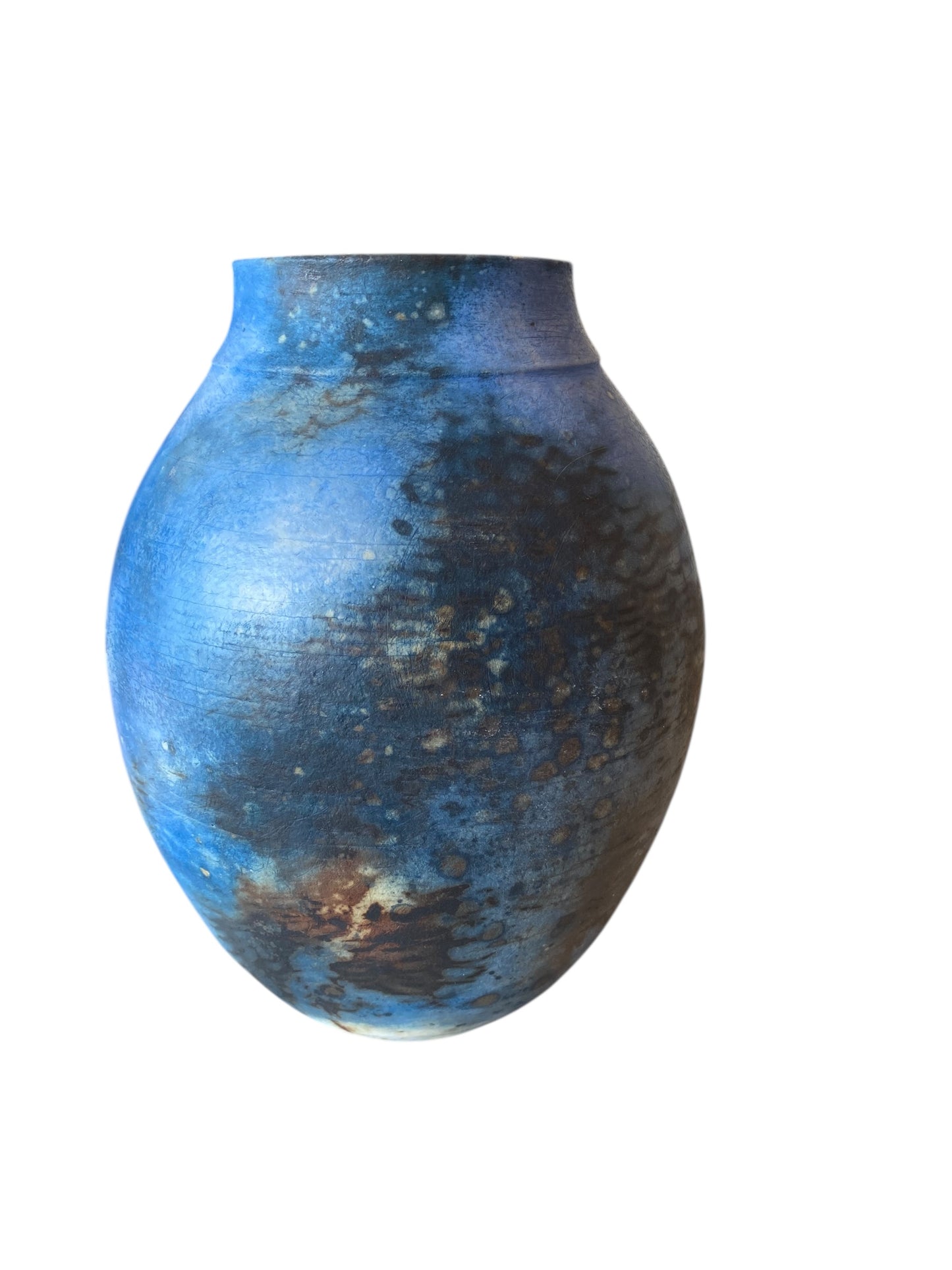 Pit Fired Vase – 10" x 7" – Cobalt Blue with Soluble Salts Finish
