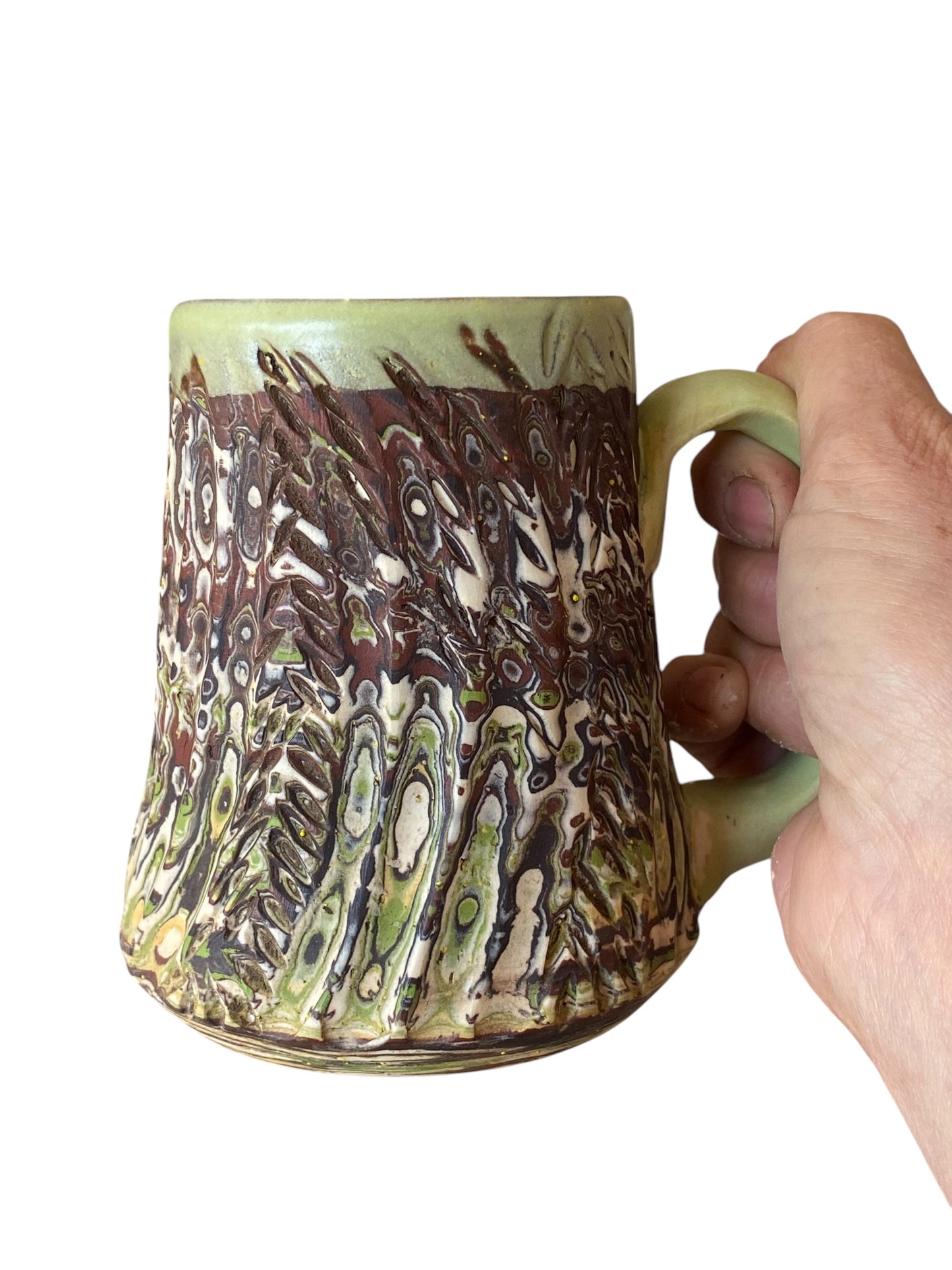 Fluted Porcelain Mug – Swirled Colored Clays with Japanese Neriage, Hand-Carved, Satin-Smooth Unglazed Pottery