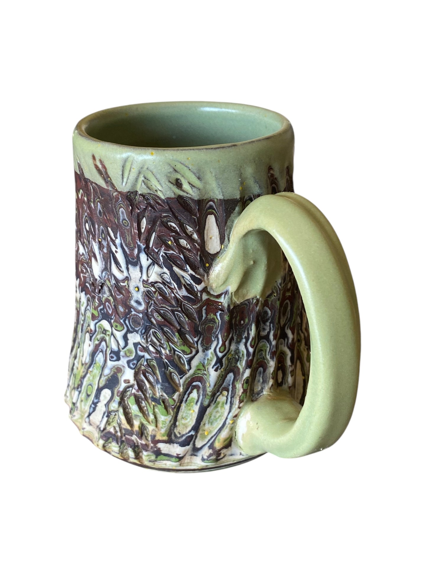 Fluted Porcelain Mug – Swirled Colored Clays with Japanese Neriage, Hand-Carved, Satin-Smooth Unglazed Pottery