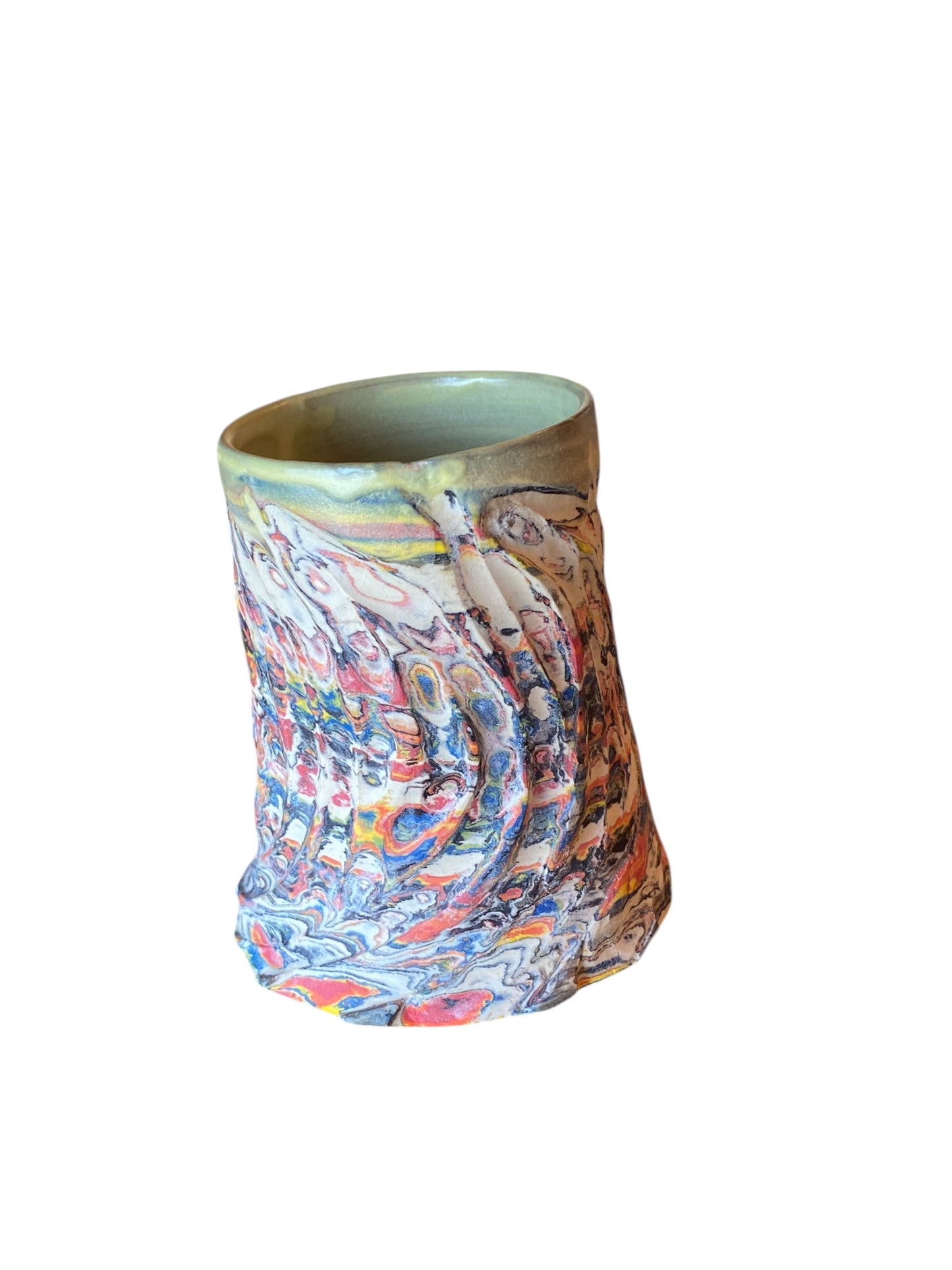 Fluted Porcelain Mug – Swirled Colored Clays with Japanese Neriage, Hand-Carved, Satin-Smooth Unglazed Pottery