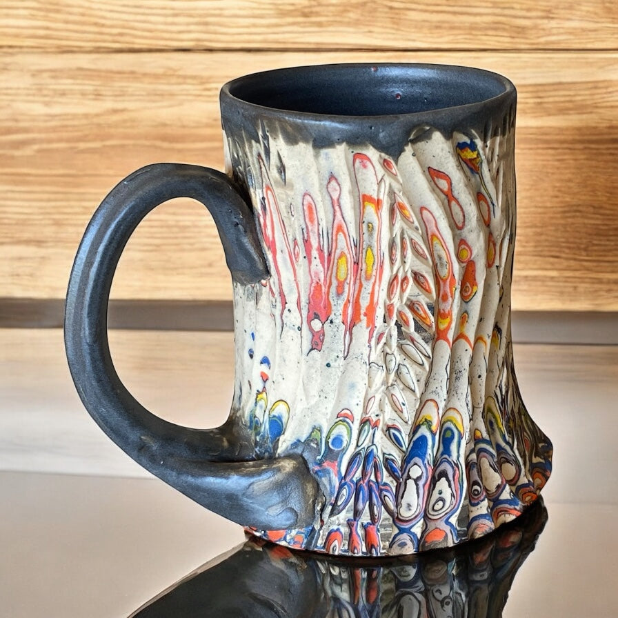 Fluted Porcelain Mug – Swirled Colored Clays with Japanese Neriage, Hand-Carved, Satin-Smooth Unglazed Pottery