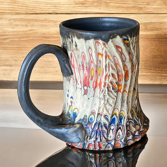 Fluted Porcelain Mug – Swirled Colored Clays with Japanese Neriage, Hand-Carved, Satin-Smooth Unglazed Pottery