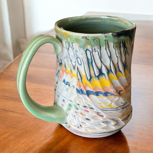 Fluted Porcelain Mug – Swirled Colored Clays with Japanese Neriage, Hand-Carved, Satin-Smooth Unglazed Pottery