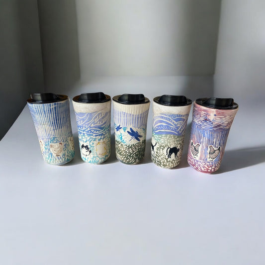 Handmade Sgraffito Animal Travel Mugs – 16 oz Ceramic Coffee